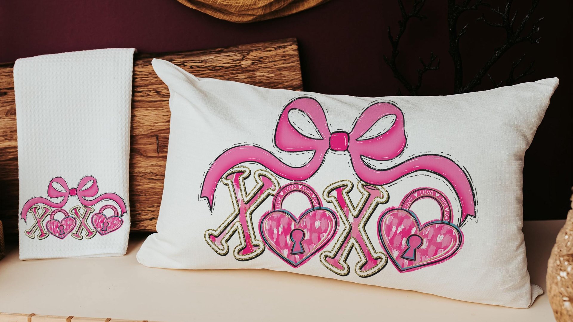 pink bow Valentines coquette lumbar throw pillows for couch, xoxo Valentines kitchen towels for bride, key to my heart decorative pillows