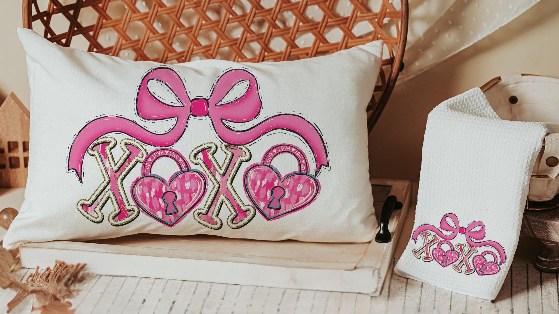 pink bow Valentines coquette lumbar throw pillows for couch, xoxo Valentines kitchen towels for bride, key to my heart decorative pillows