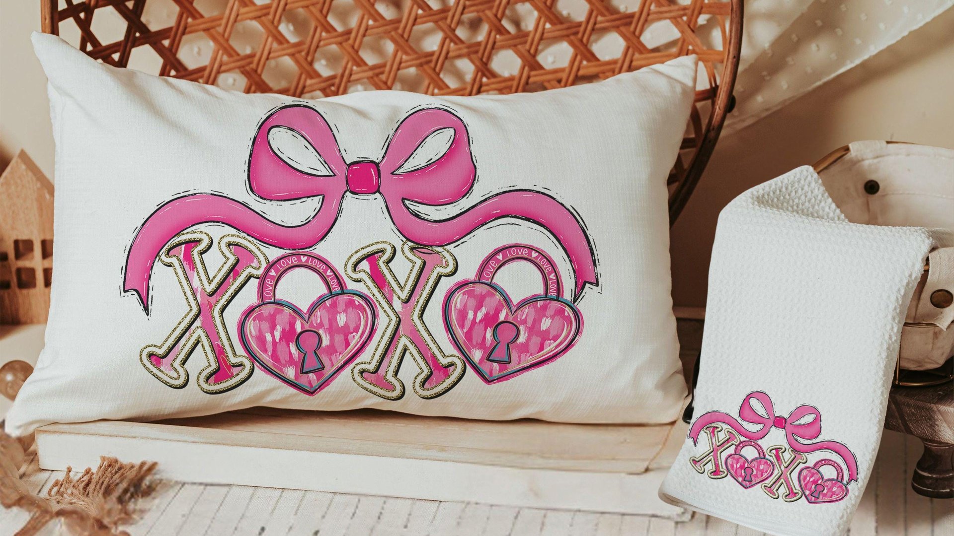 pink bow Valentines coquette lumbar throw pillows for couch, xoxo Valentines kitchen towels for bride, key to my heart decorative pillows