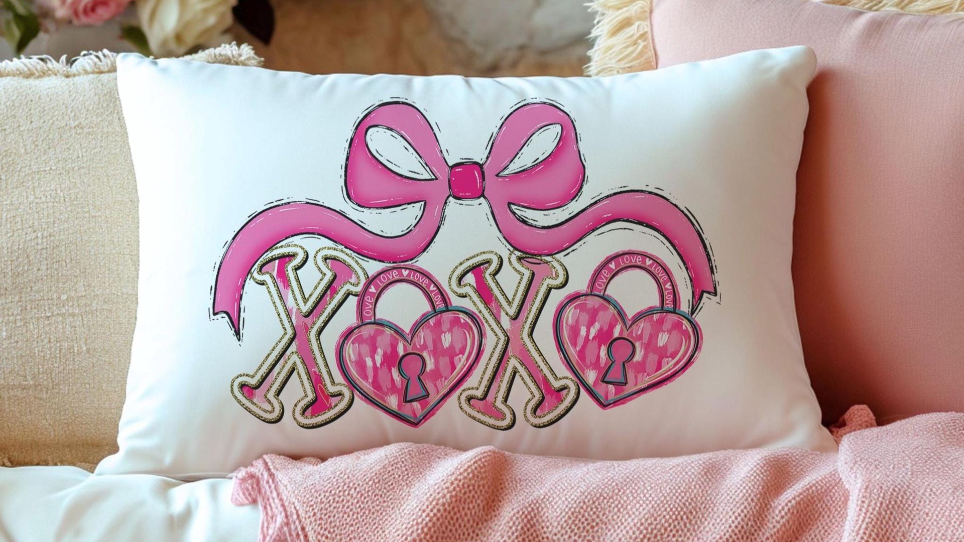 pink bow Valentines coquette lumbar throw pillows for couch, xoxo Valentines kitchen towels for bride, key to my heart decorative pillows