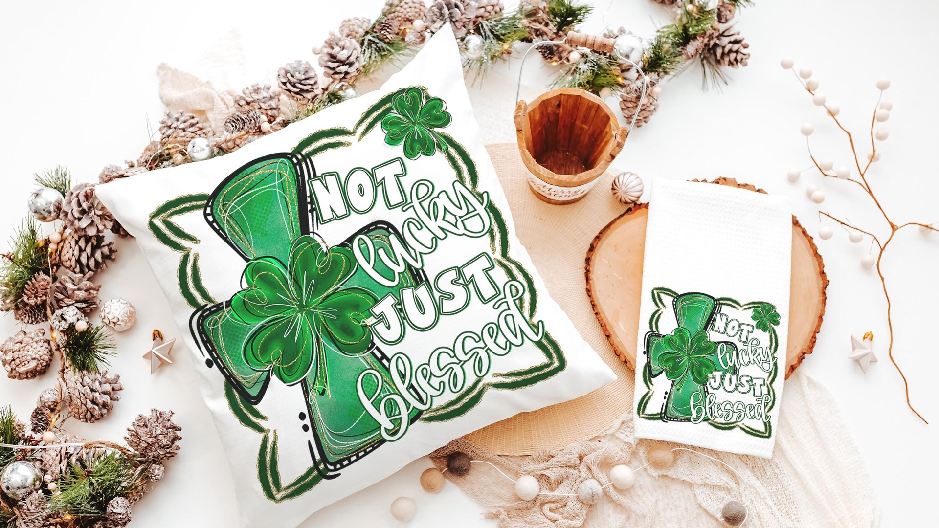 not lucky simply blessed shamrock cross kitchen towel for friends, Christian St Patricks Day decorations, Irish gifts for her, St Pattys Day