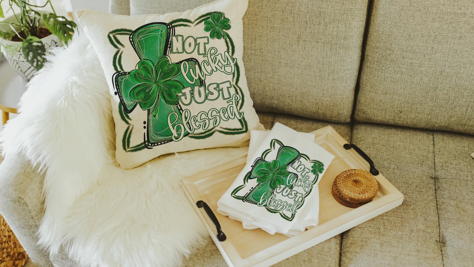 not lucky simply blessed shamrock cross kitchen towel for friends, Christian St Patricks Day decorations, Irish gifts for her, St Pattys Day