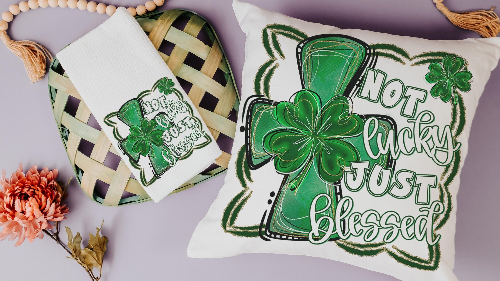 not lucky simply blessed shamrock cross kitchen towel for friends, Christian St Patricks Day decorations, Irish gifts for her, St Pattys Day