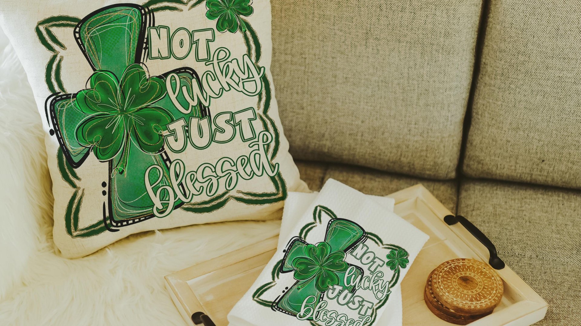 not lucky simply blessed shamrock cross kitchen towel for friends, Christian St Patricks Day decorations, Irish gifts for her, St Pattys Day