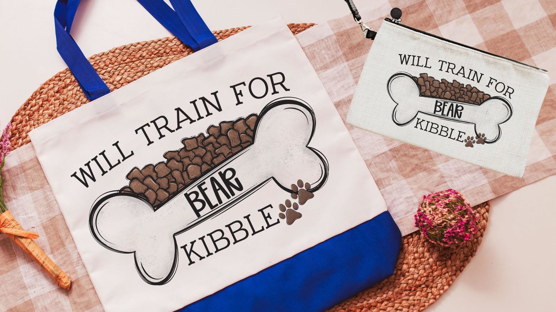 personalized will train for kibble dog treat bag, dog mom wristlet with strap, dog training accessories, dog lover gifts for women, zipper