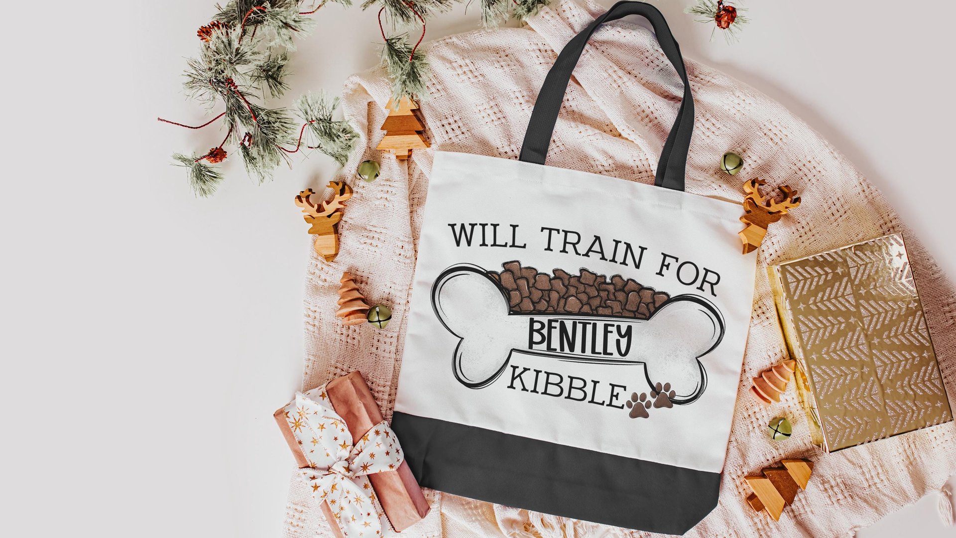 personalized will train for kibble dog name totes for women, dog mom tote bag for her, agility dog training accessories, dog lover gifts for