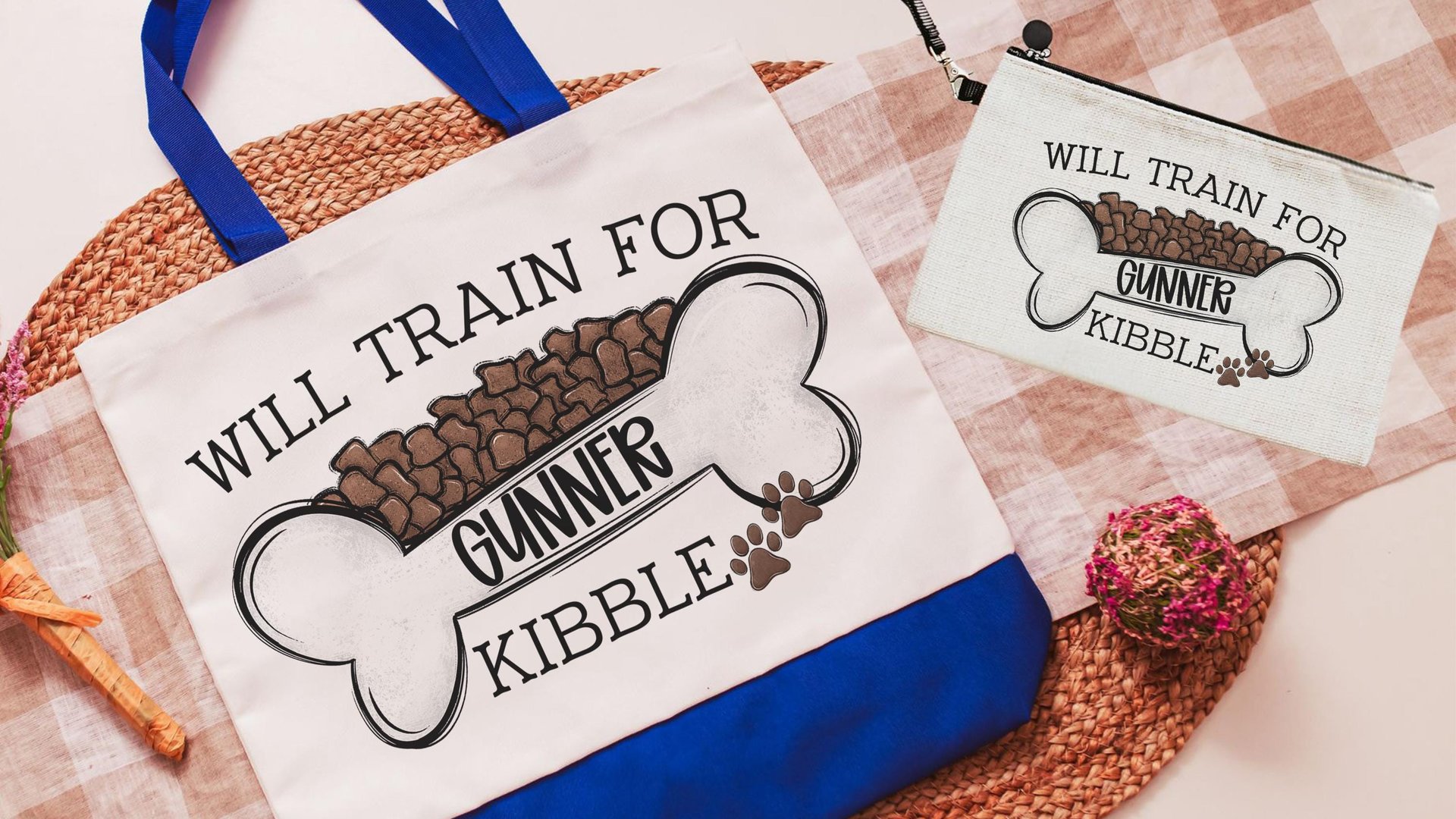 personalized will train for kibble dog treat bag, dog mom wristlet with strap, dog training accessories, dog lover gifts for women, zipper
