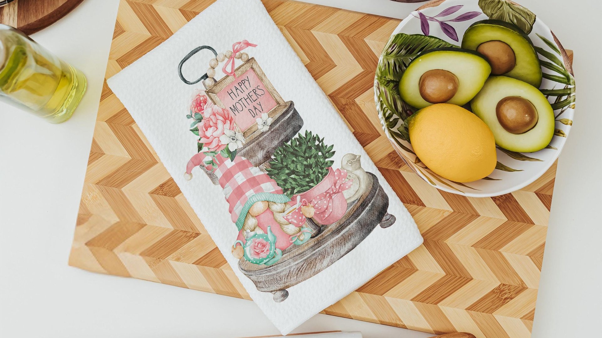 mint green pink gnome kitchen towels for Mom, blush pink floral hand towels for gifting, Mothers day gift for friend, Mothering Sunday gifts