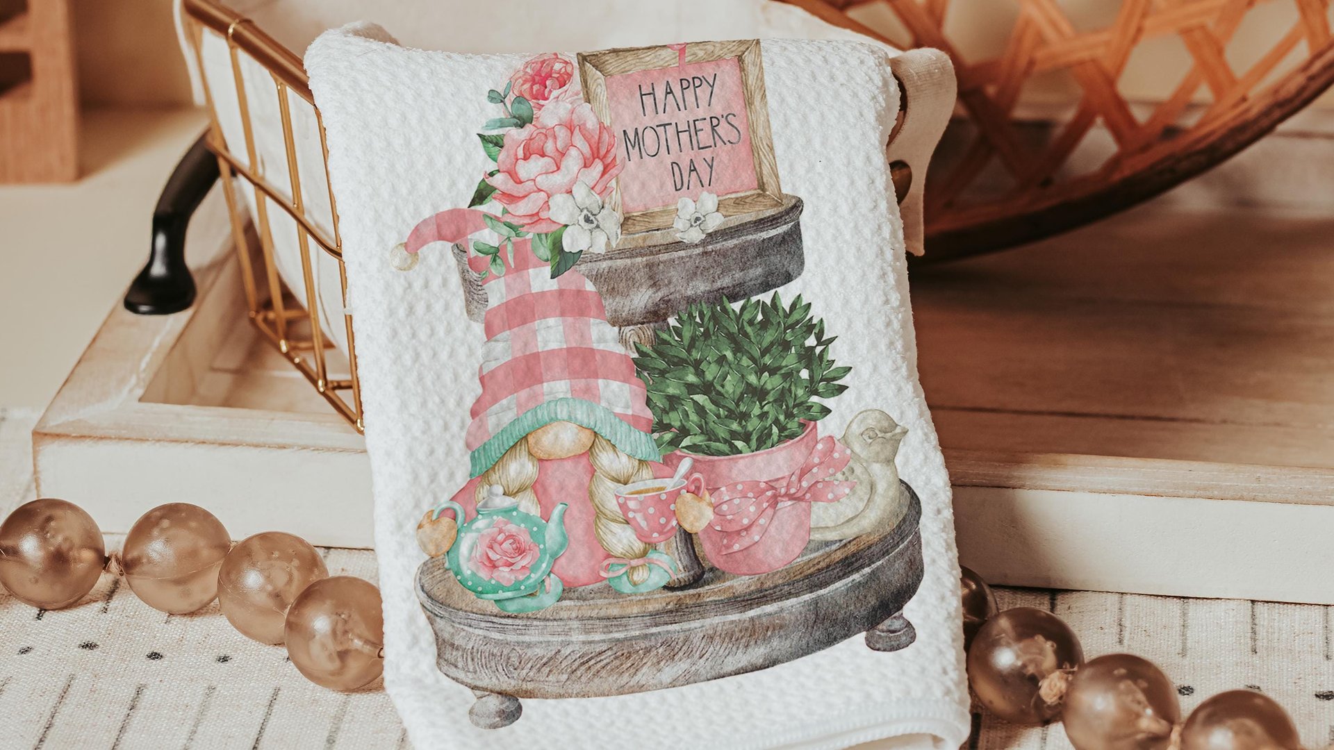 mint green pink gnome kitchen towels for Mom, blush pink floral hand towels for gifting, Mothers day gift for friend, Mothering Sunday gifts