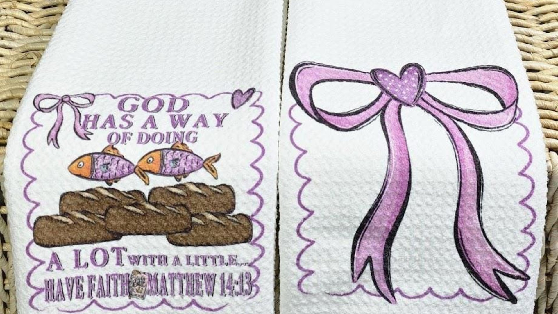 God has a way loaves and fish Christian kitchen towels for Mom, pink bow coquette hand towel for guest bathroom, Bible verse kitchen decor