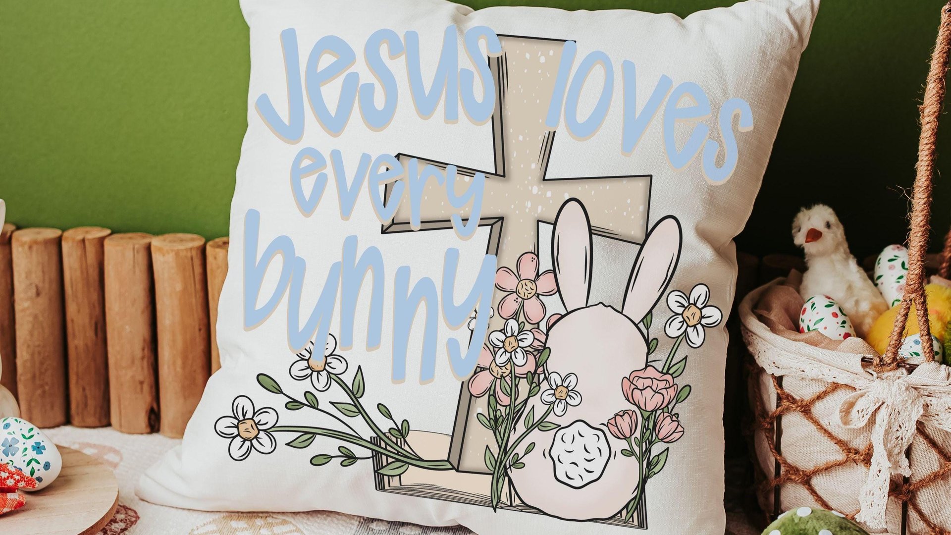 Jesus loves every bunny Easter throw pillows for nursery, Christian Easter basket stuffers for kids, Easter bunny decorative pillow covers