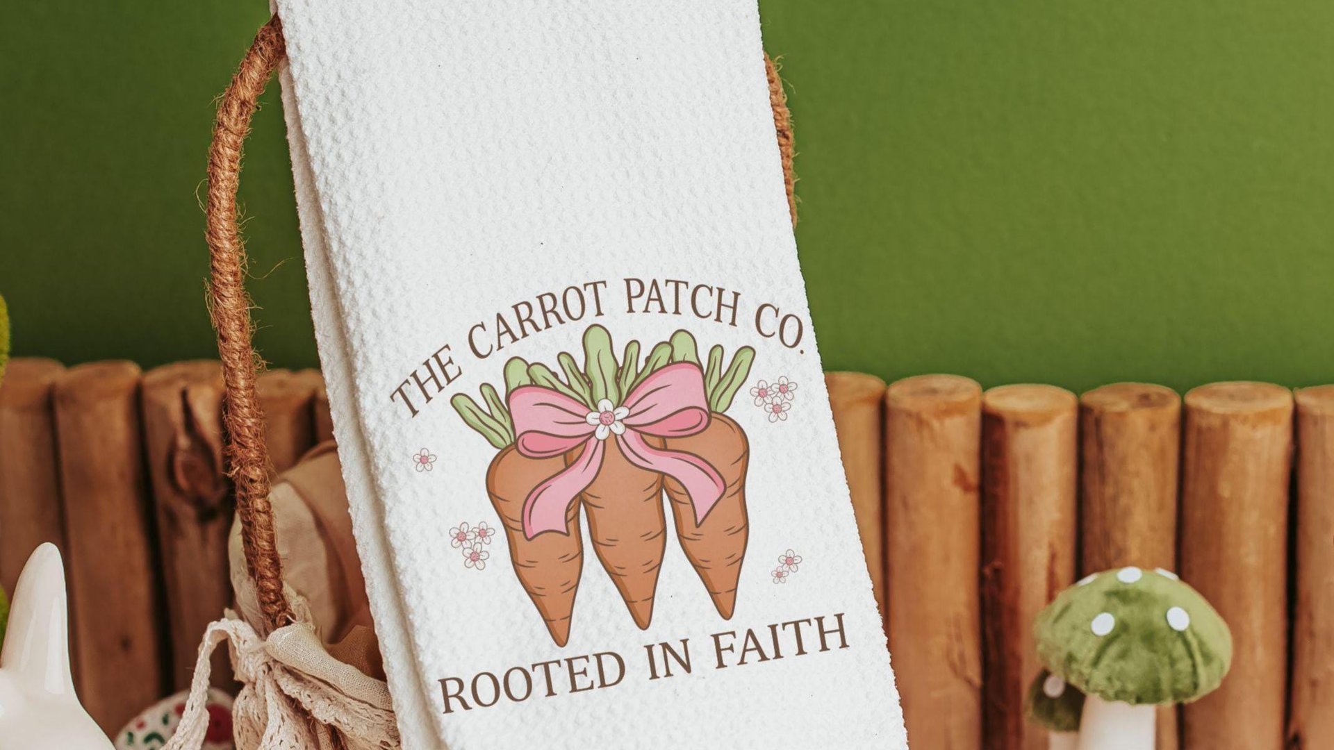 rooted in faith Christian kitchen towels for gifts, carrot patch gardener gifts for women, cute Spring decorative hand towels for guest bath
