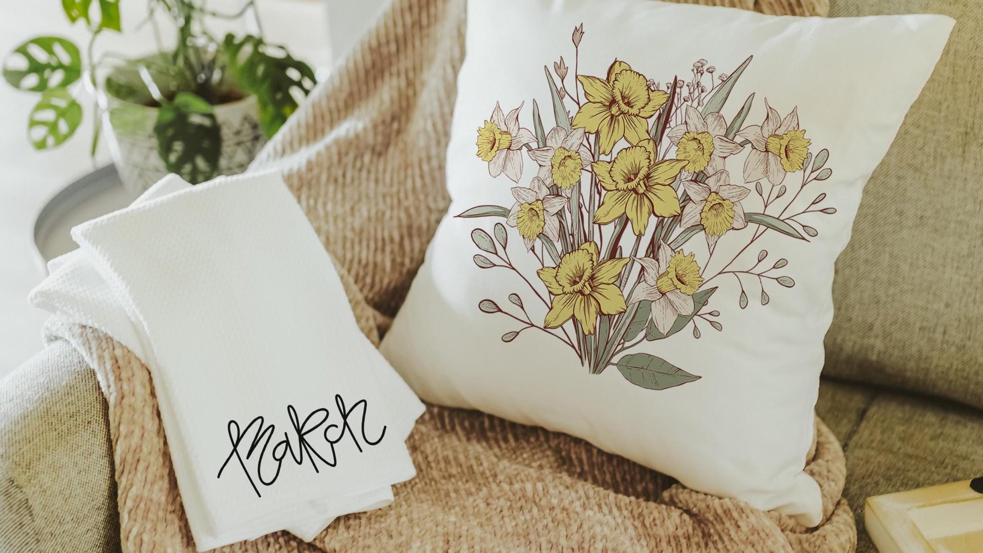 daffodil flower throw pillows for couch floral decorative pillows for bed, March birth flower gifts for mom, March kitchen towels for gifts