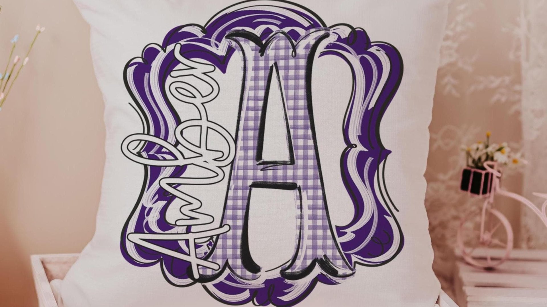 Personalized initial throw pillow for couch purple gingham decorative pillows for girls, purple home decor gift dorm decor, name pillow