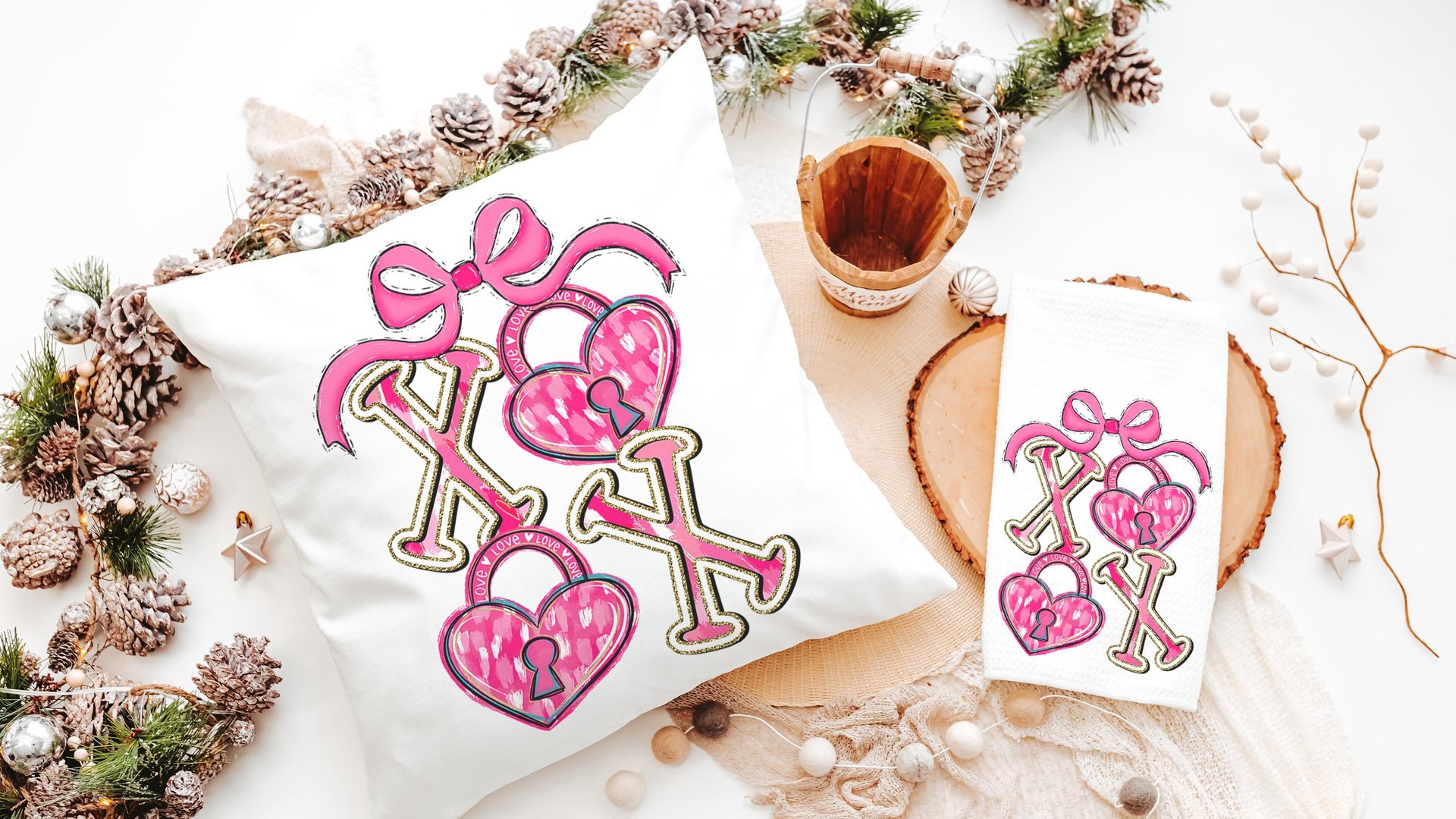 xoxo Valentines throw pillow covers 18x18, Valentines coquette kitchen towels for gifts, key to my heart decorative pillows for couch, V day