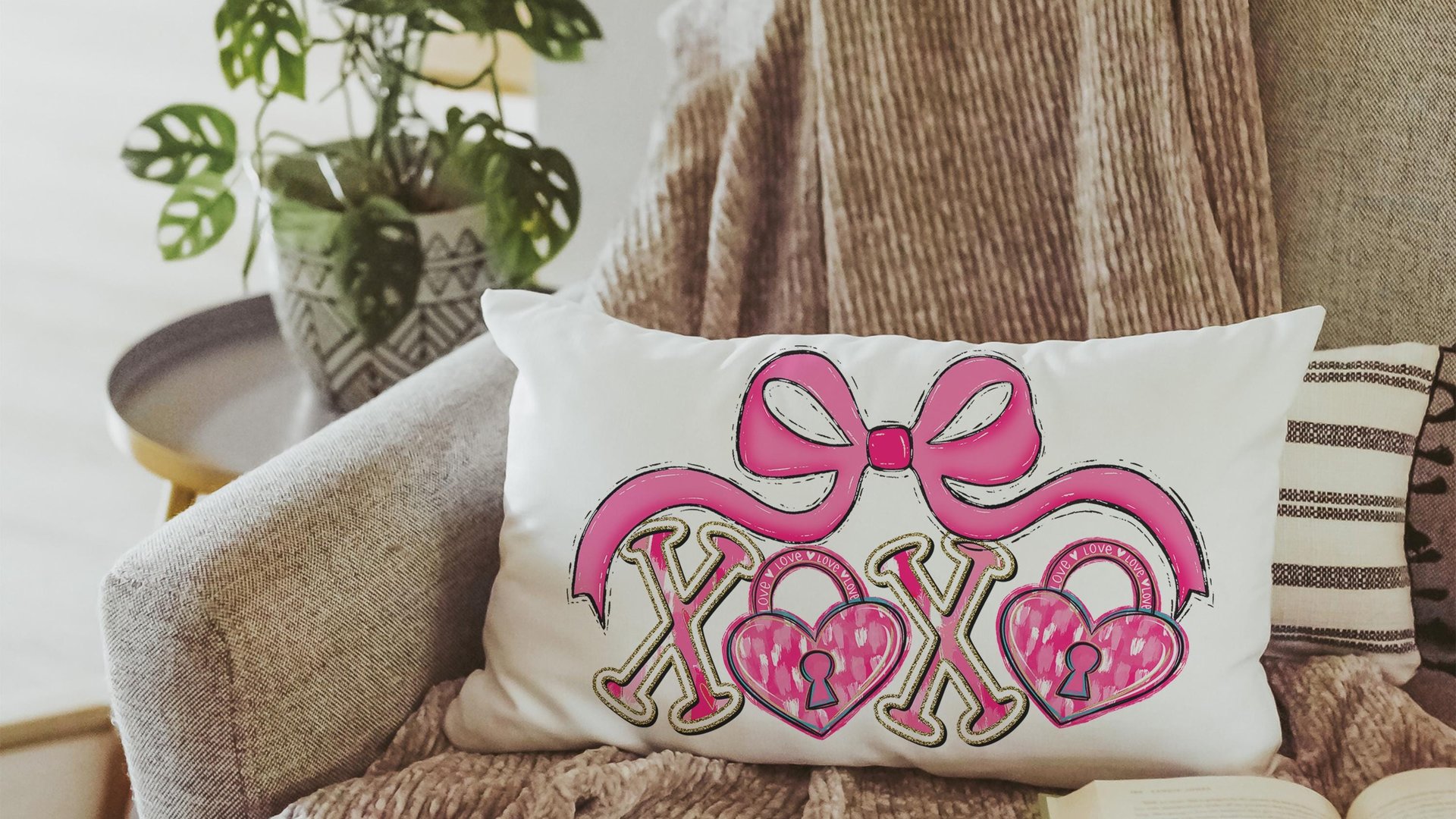 pink bow Valentines coquette lumbar throw pillows for couch, xoxo Valentines kitchen towels for bride, key to my heart decorative pillows