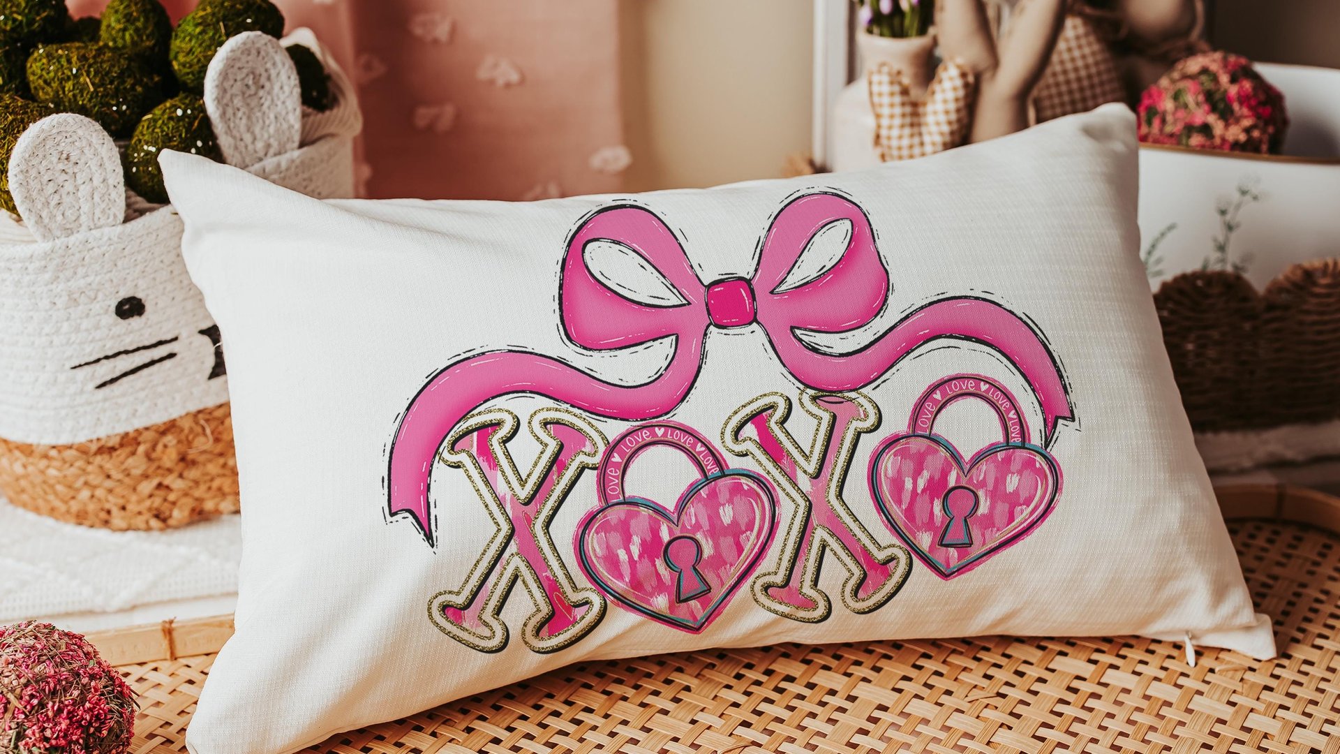 pink bow Valentines coquette lumbar throw pillows for couch, xoxo Valentines kitchen towels for bride, key to my heart decorative pillows