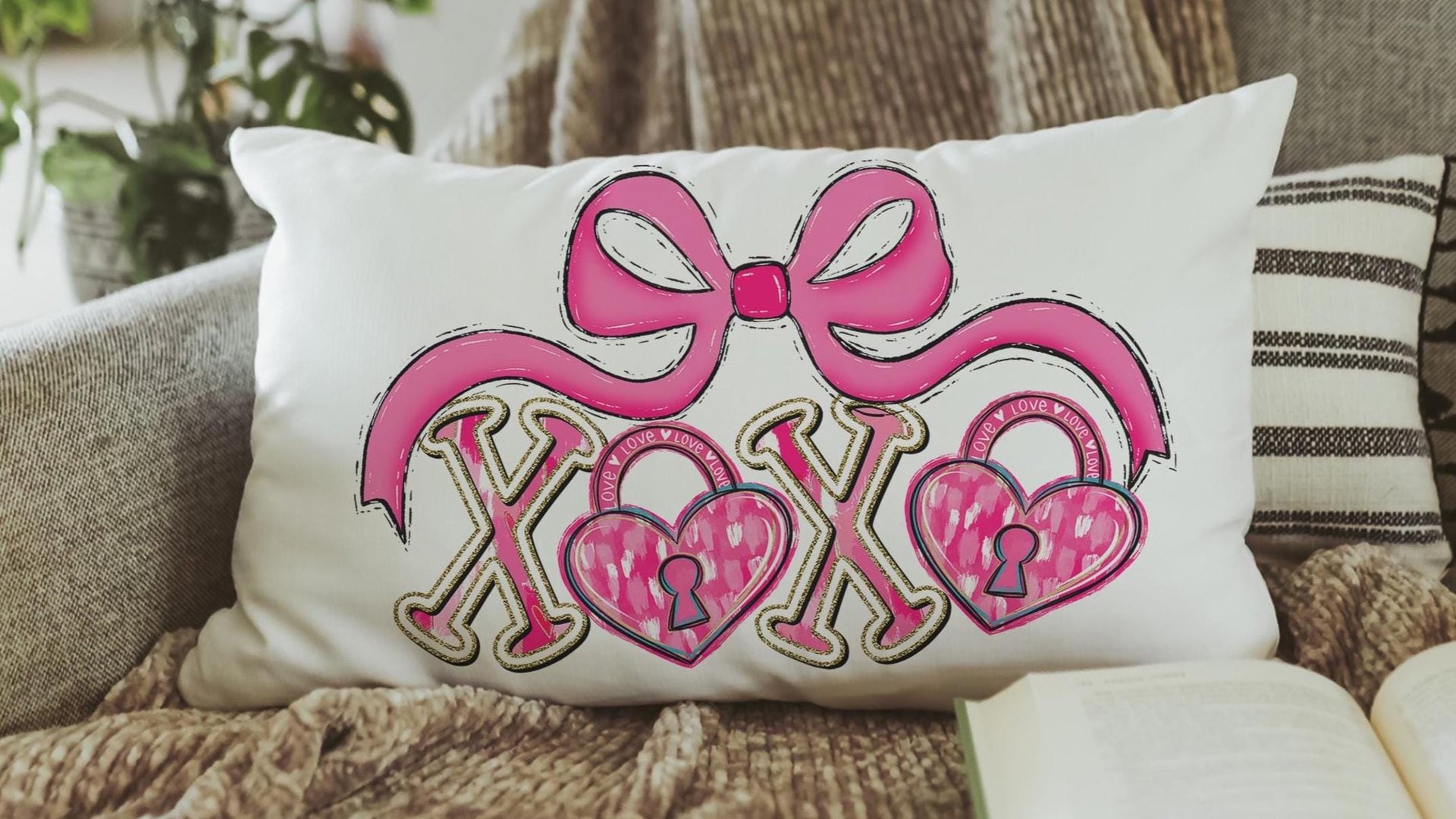 pink bow Valentines coquette lumbar throw pillows for couch, xoxo Valentines kitchen towels for bride, key to my heart decorative pillows