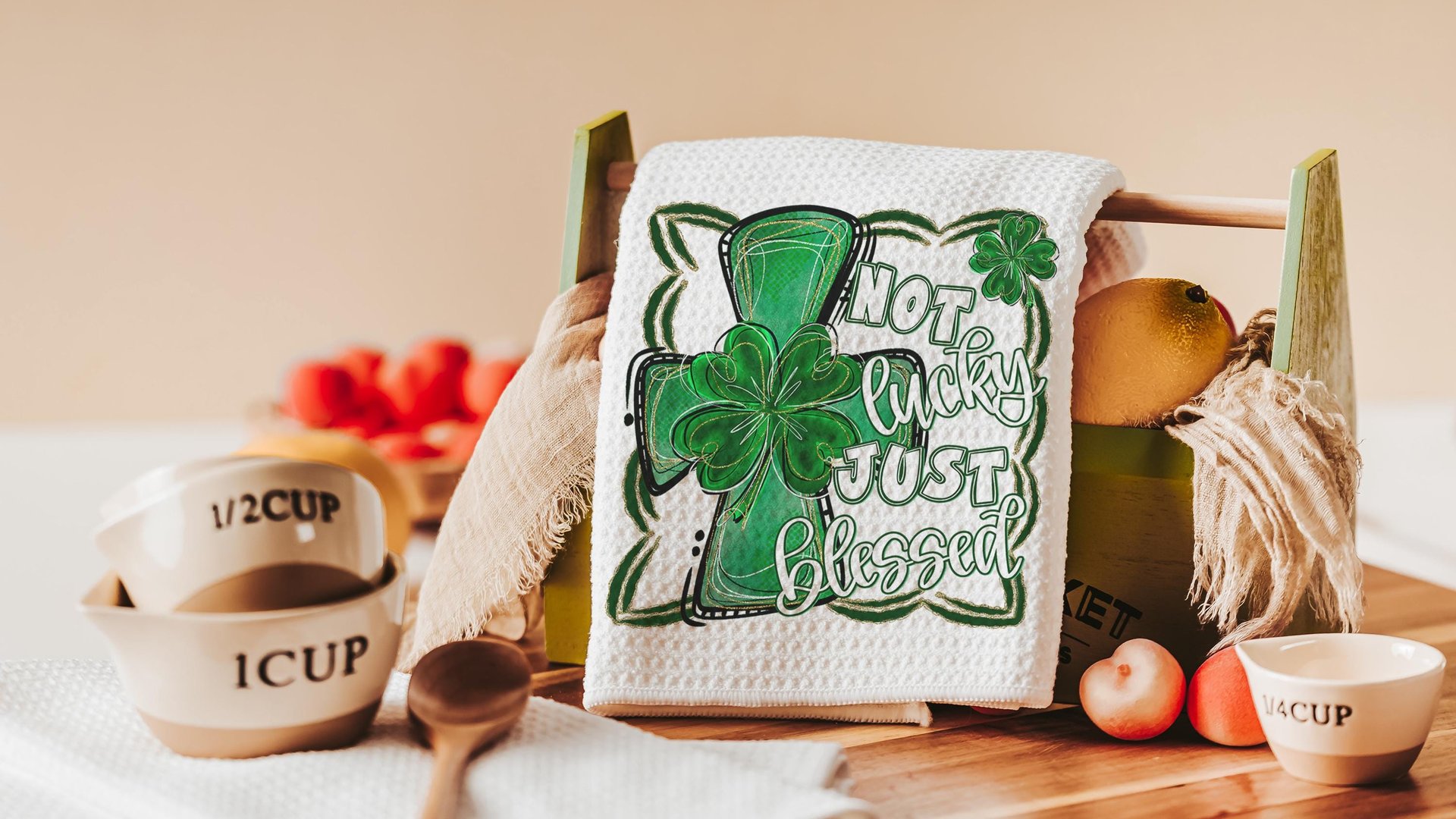 not lucky simply blessed shamrock cross kitchen towel for friends, Christian St Patricks Day decorations, Irish gifts for her, St Pattys Day