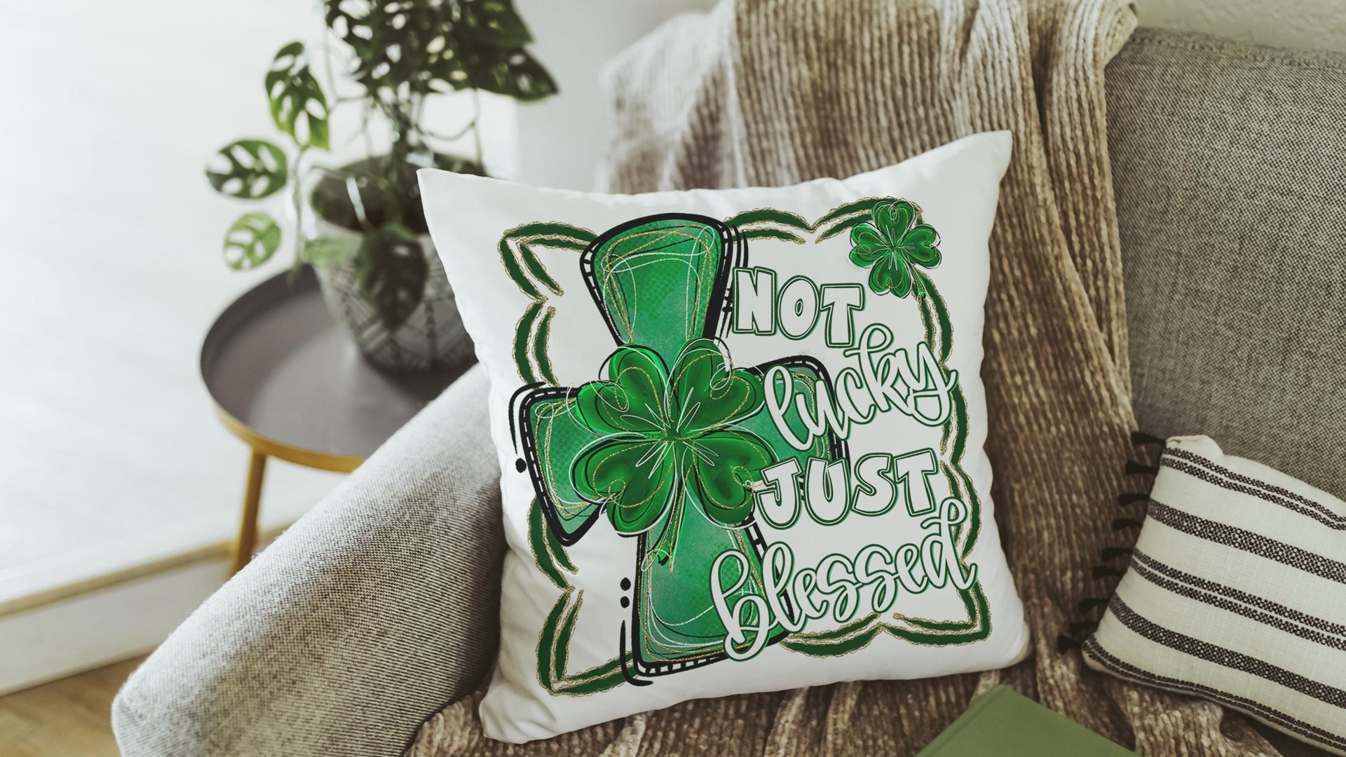 not lucky simply blessed throw pillows for green couch, Christian St Patricks Day decorations, shamrock cross kitchen towel for Mom, Irish