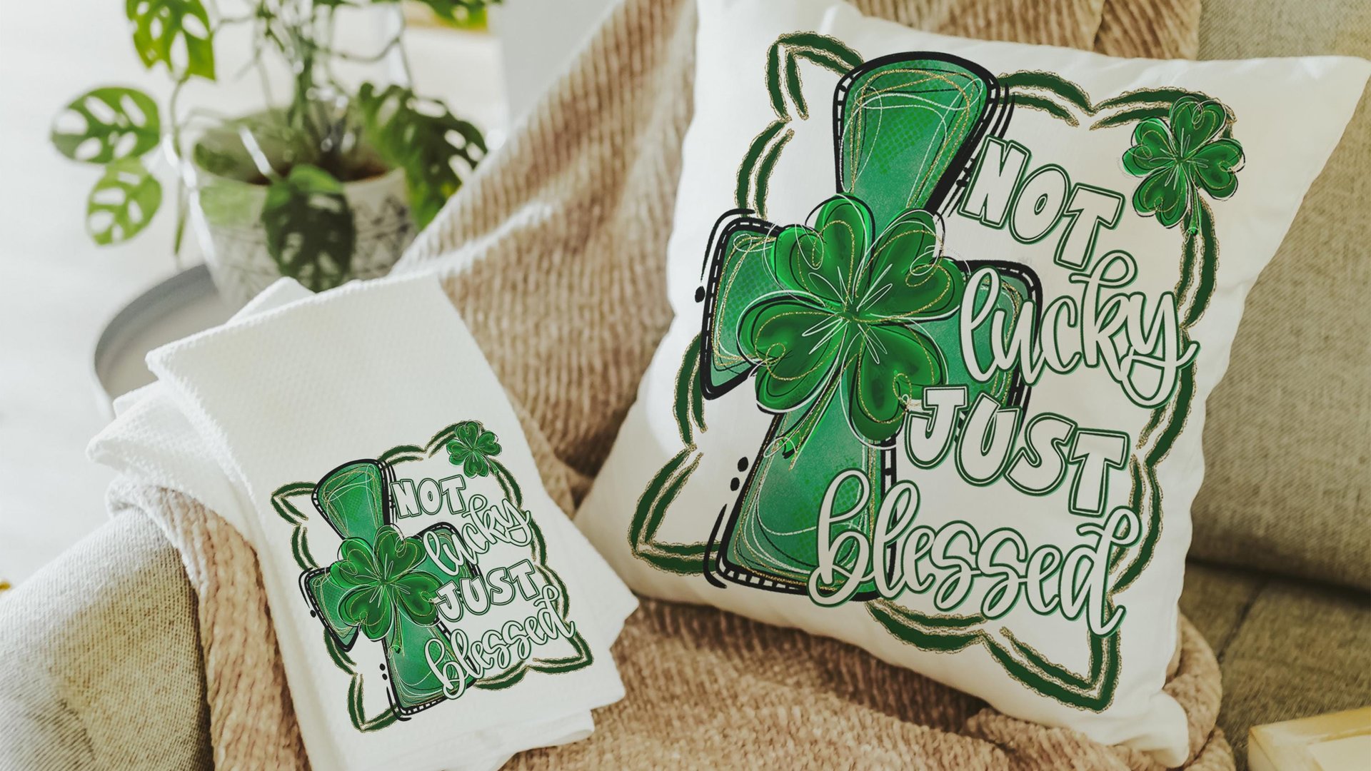 not lucky simply blessed shamrock cross kitchen towel for friends, Christian St Patricks Day decorations, Irish gifts for her, St Pattys Day