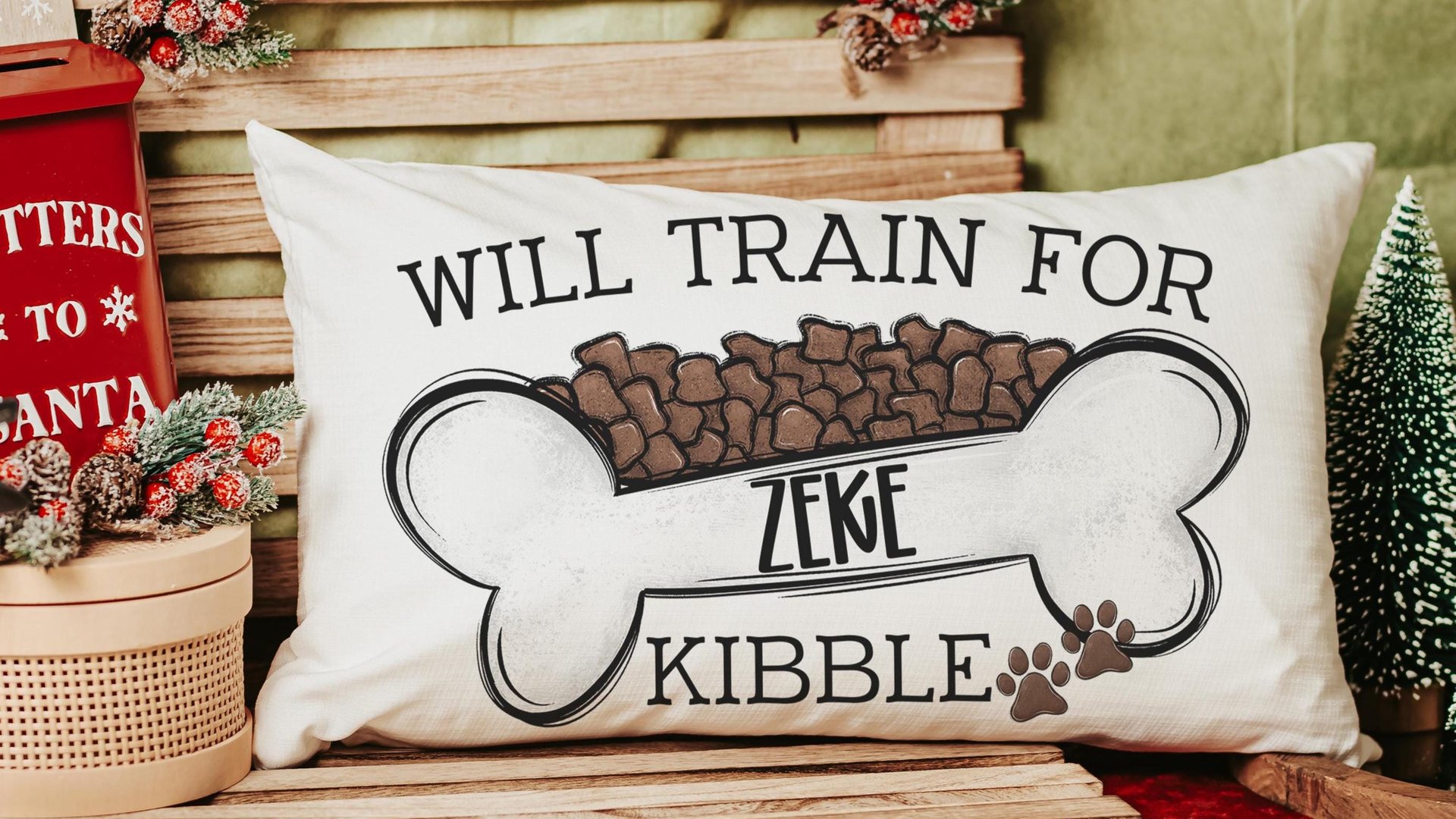 Personalized will train for kibble dog throw pillow for sofa, dog lover gift for women, dog decor for home, dog mom gift, cute kitchen decor