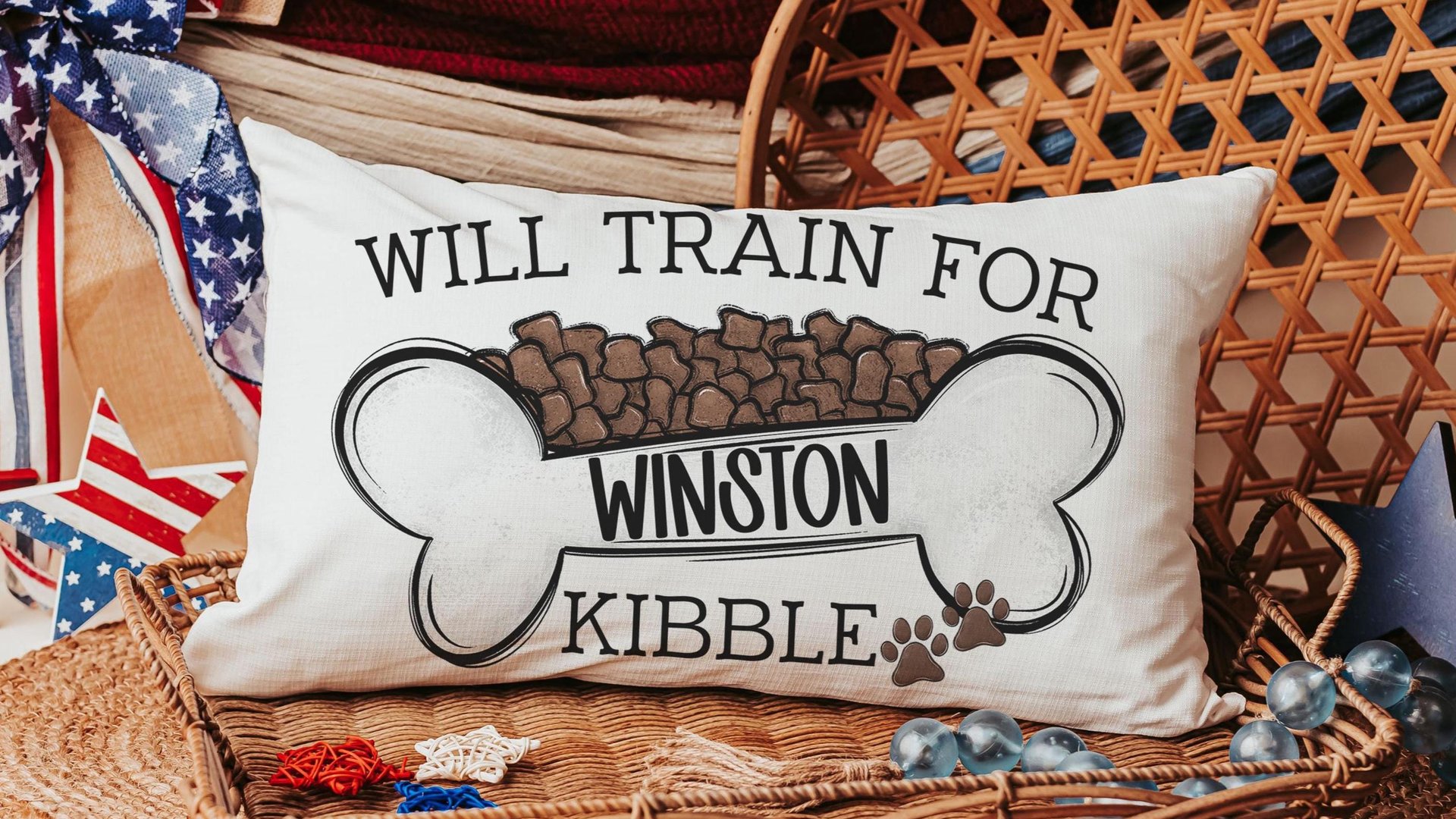 Personalized will train for kibble dog throw pillow for sofa, dog lover gift for women, dog decor for home, dog mom gift, cute kitchen decor