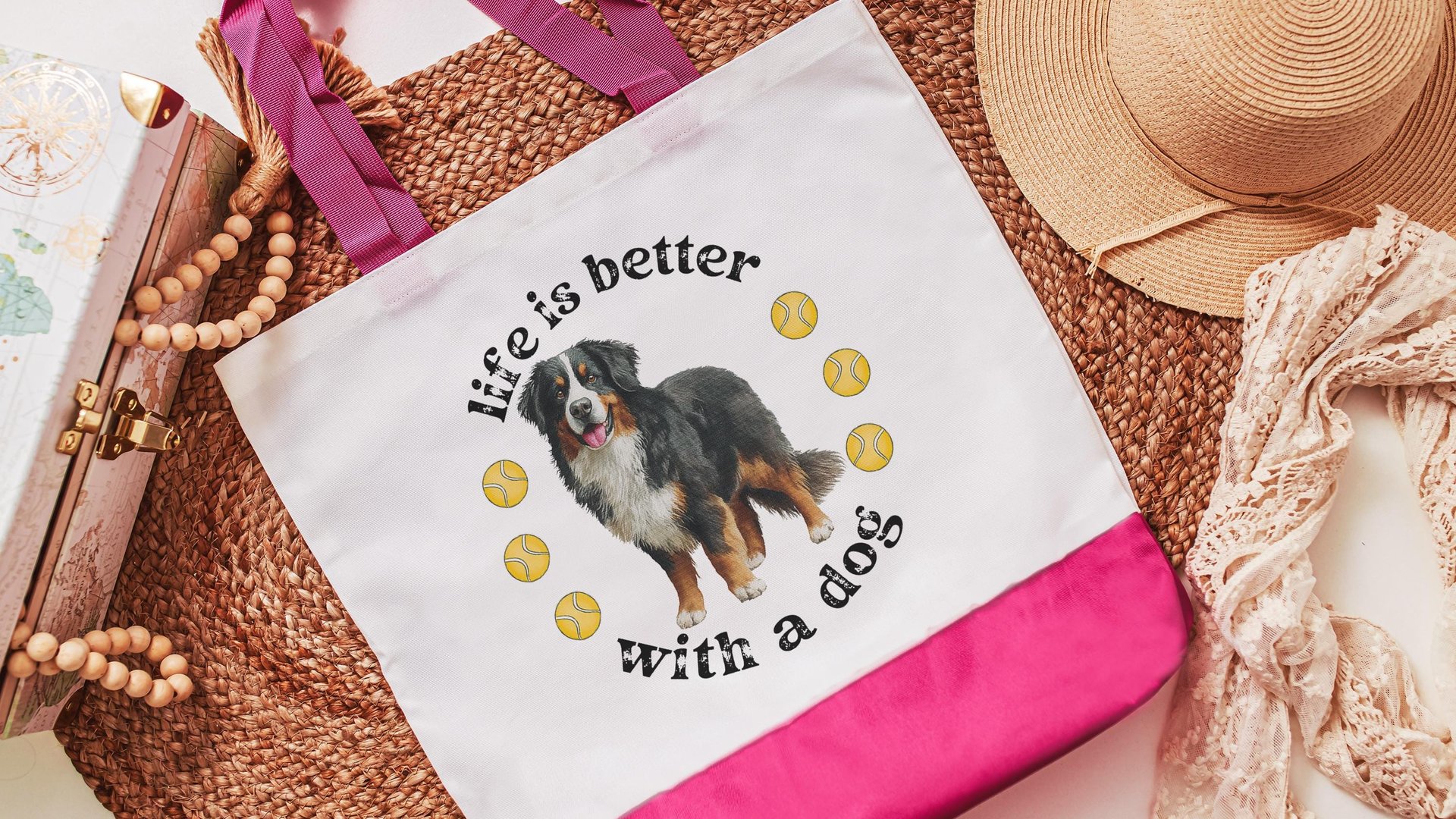 life is better with a dog tote bag for women, best gifts for dog lovers, dog walking bag, unique dog mom gifts, Bernese mountain dog gift