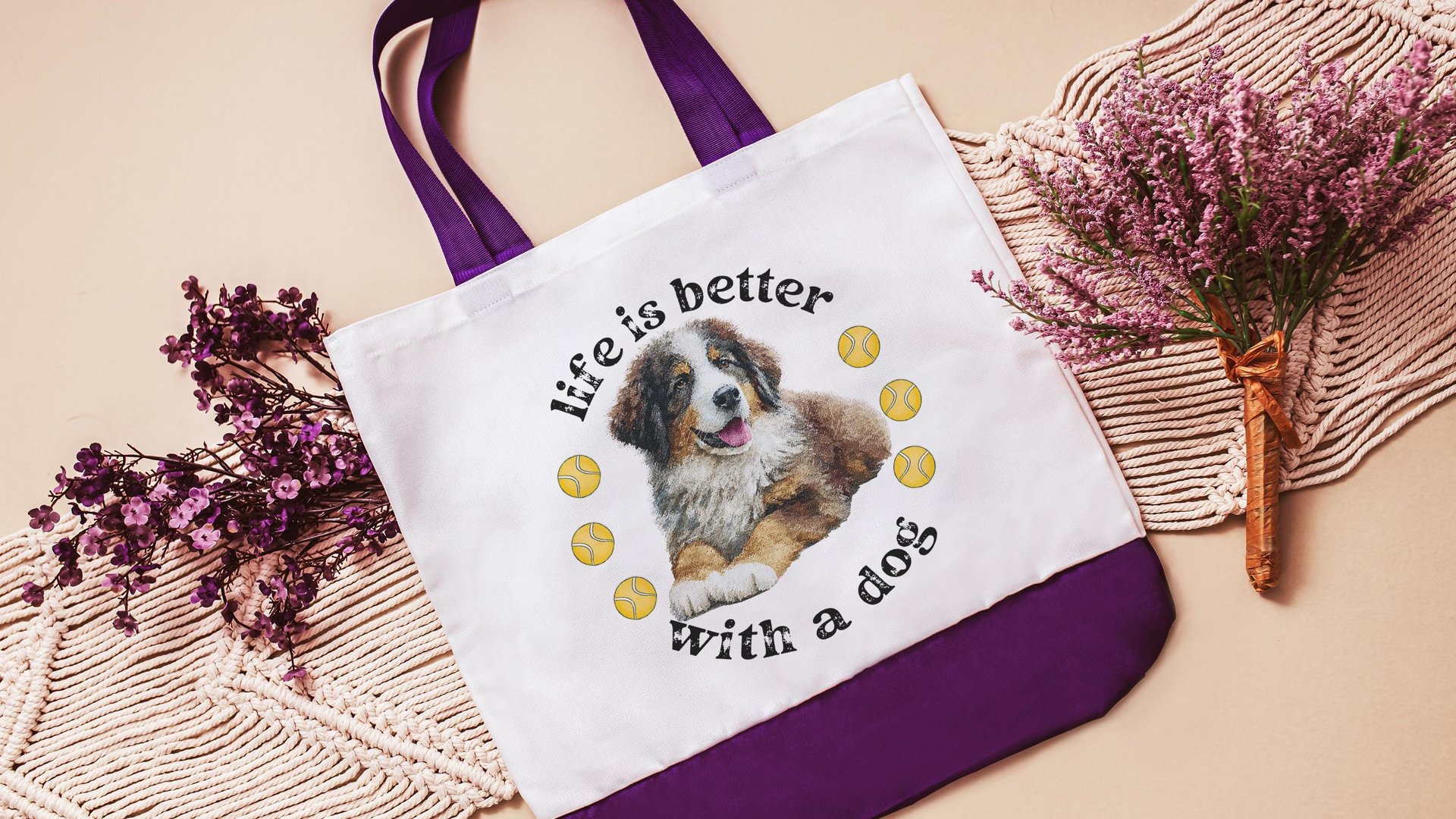 life is better with a dog bernese mountain dog tote bag for dog lover, bernese dog mom dog walking bag for women, cute dog gifts beach bag