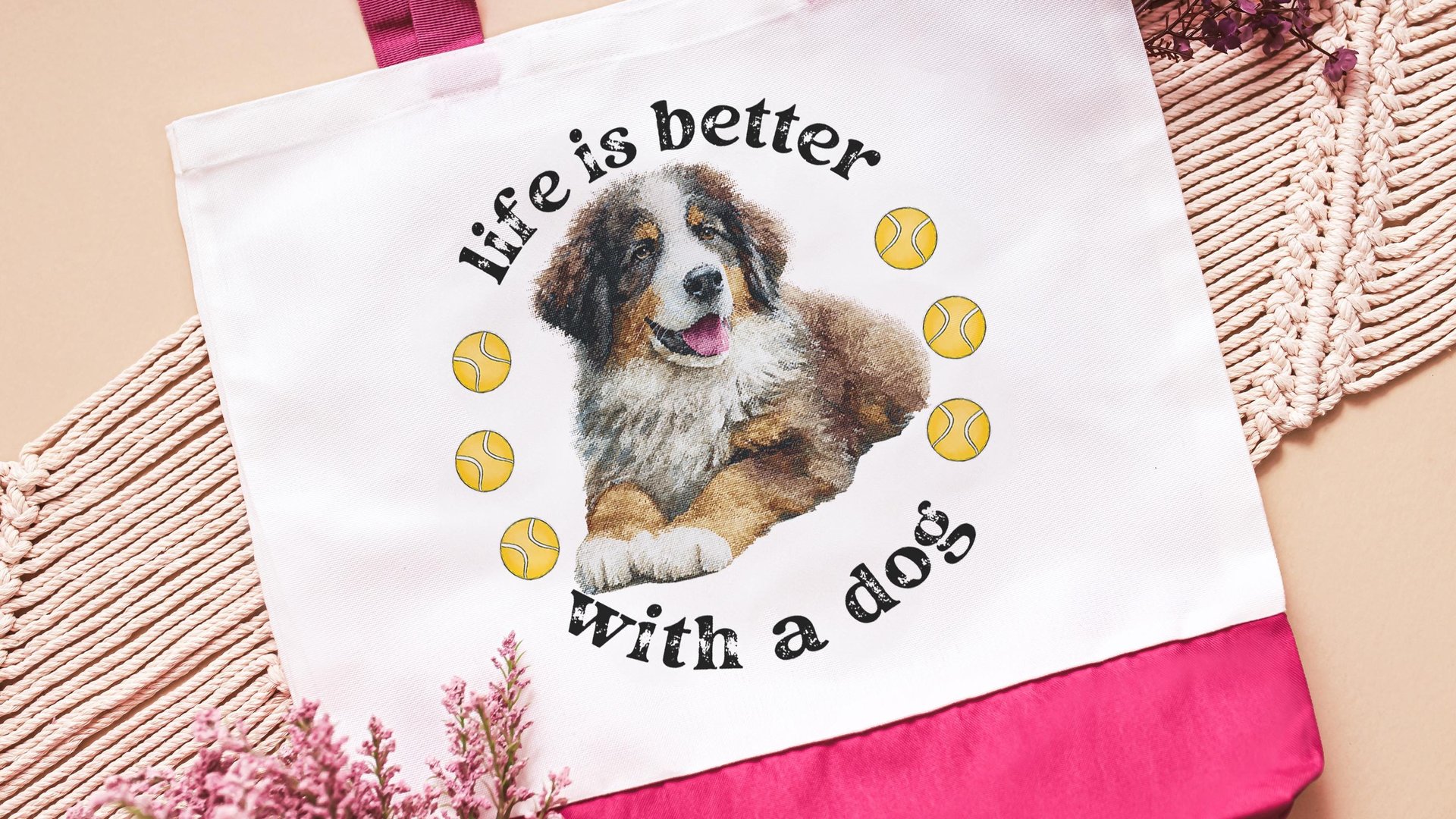 life is better with a dog bernese mountain dog tote bag for dog lover, bernese dog mom dog walking bag for women, cute dog gifts beach bag