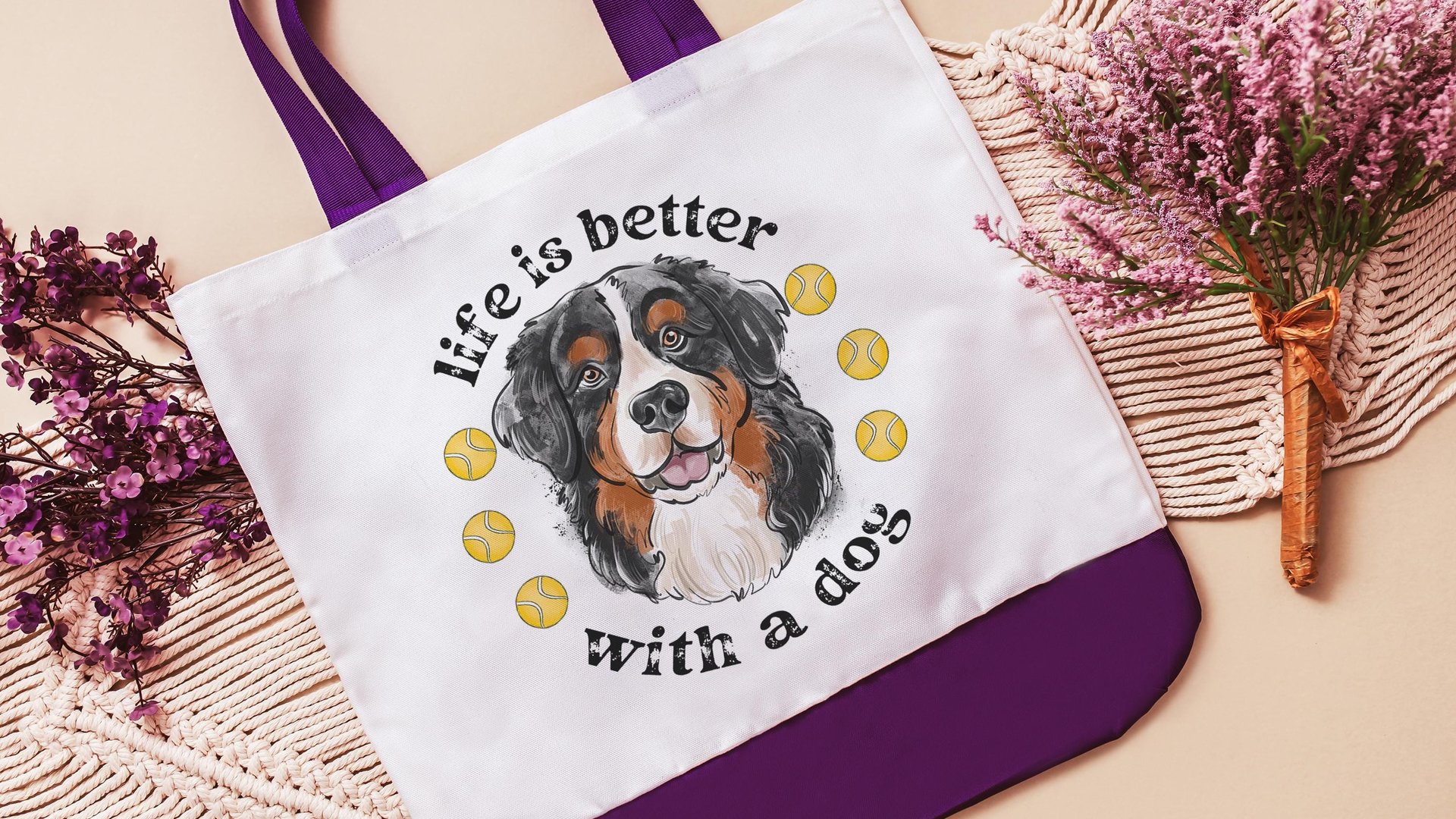 life is better with a dog tote bags for her, best gifts for dog lovers, tennis bags for women, unique dog mom gifts, Bernese mountain dog