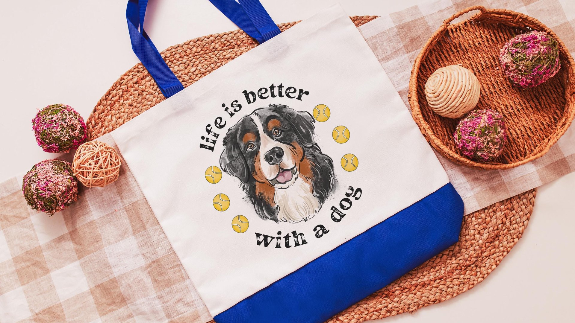 life is better with a dog tote bags for her, best gifts for dog lovers, tennis bags for women, unique dog mom gifts, Bernese mountain dog