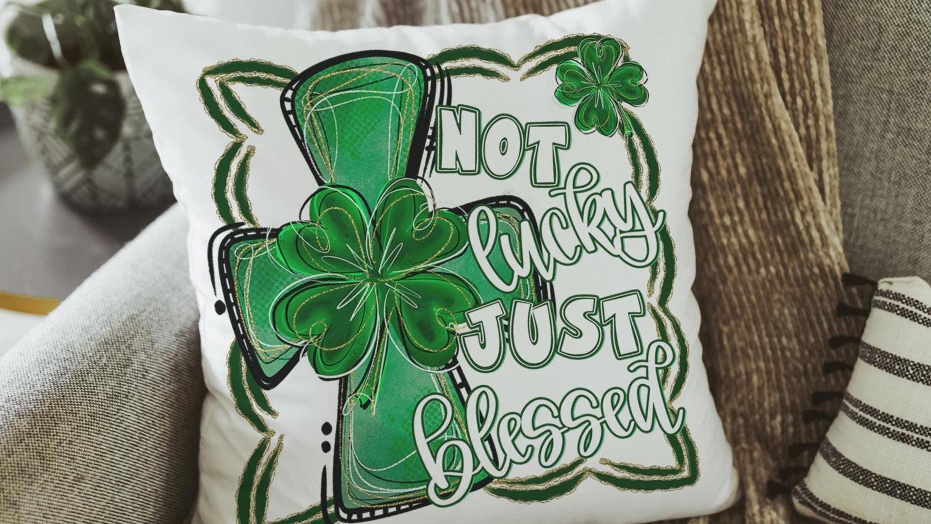 not lucky simply blessed shamrock cross throw pillows for couch, Christian St Patricks Day decorations, Irish gifts for her, St Pattys Day