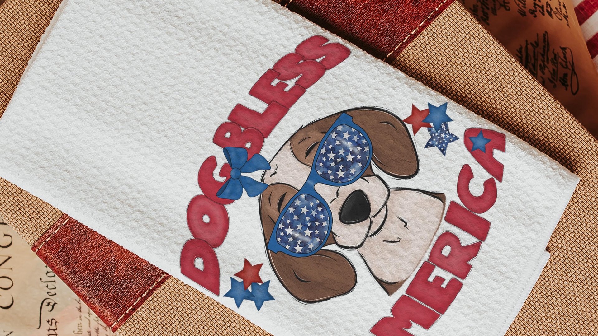 dog bless America beagle kitchen towel for drying dishes, red white and blue patriotic dog hand towel for bathroom, 4th of July beagle gifts
