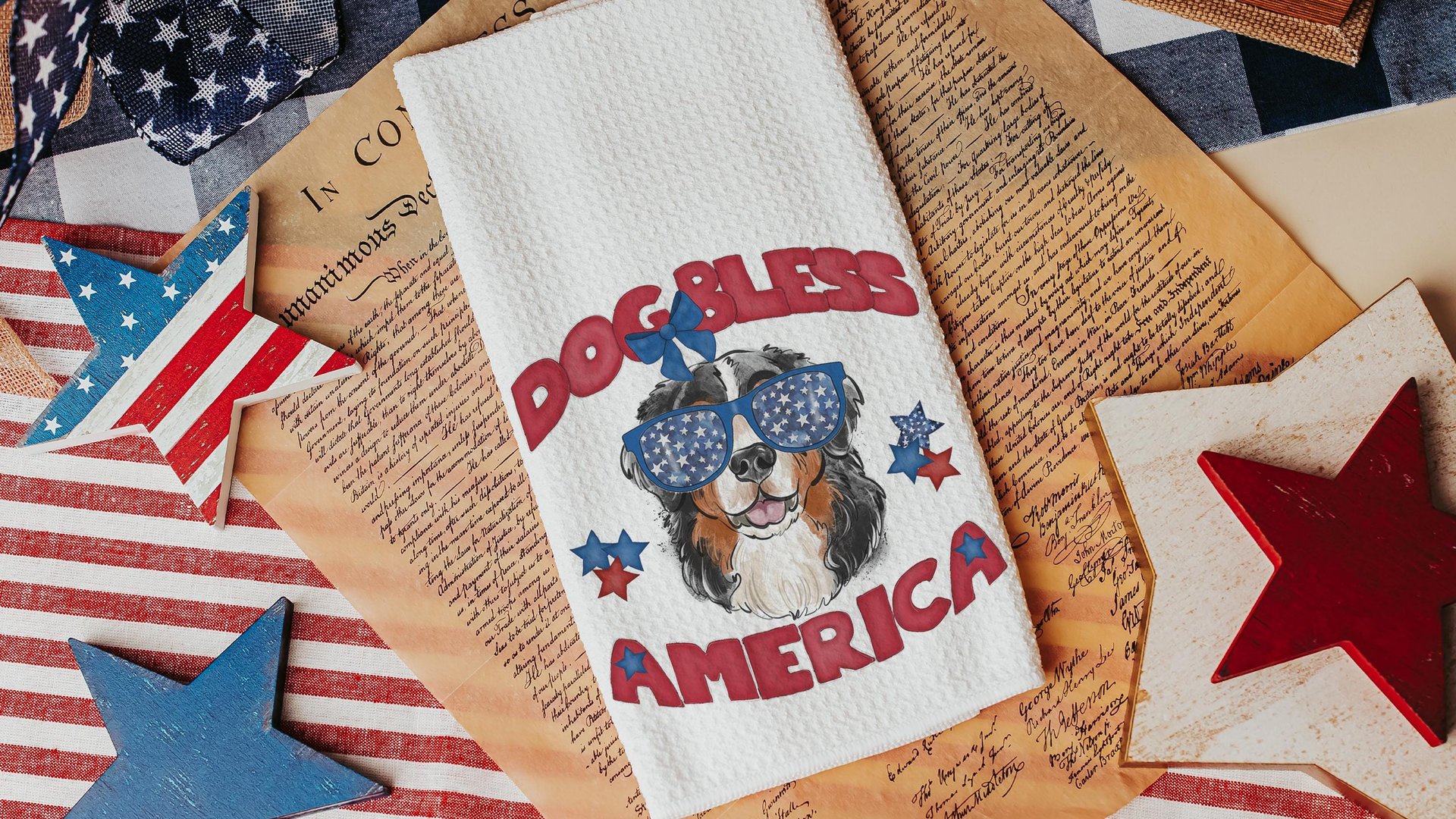 dog bless America 4th of July throw pillows for guest room, red white and blue patriotic dog gift for owner, Bernese mountain dog decor for