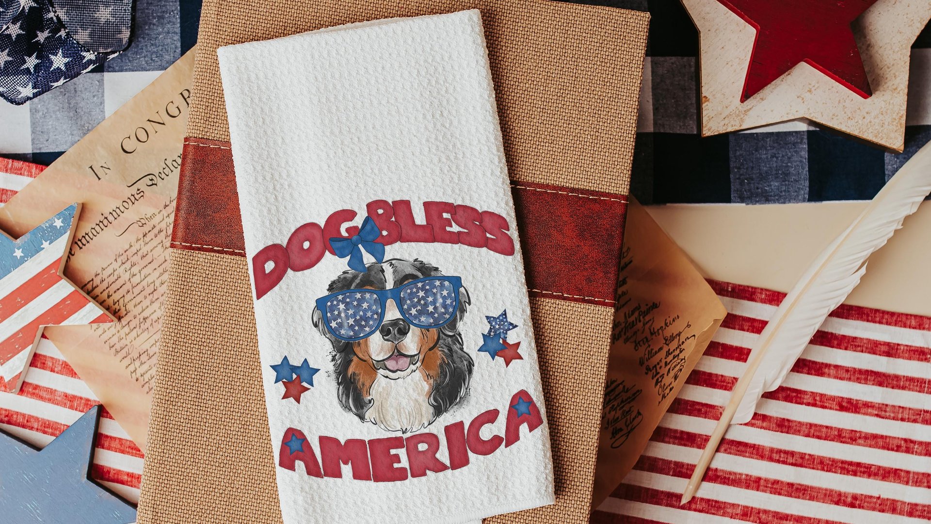 dog bless America 4th of July throw pillows for guest room, red white and blue patriotic dog gift for owner, Bernese mountain dog decor for