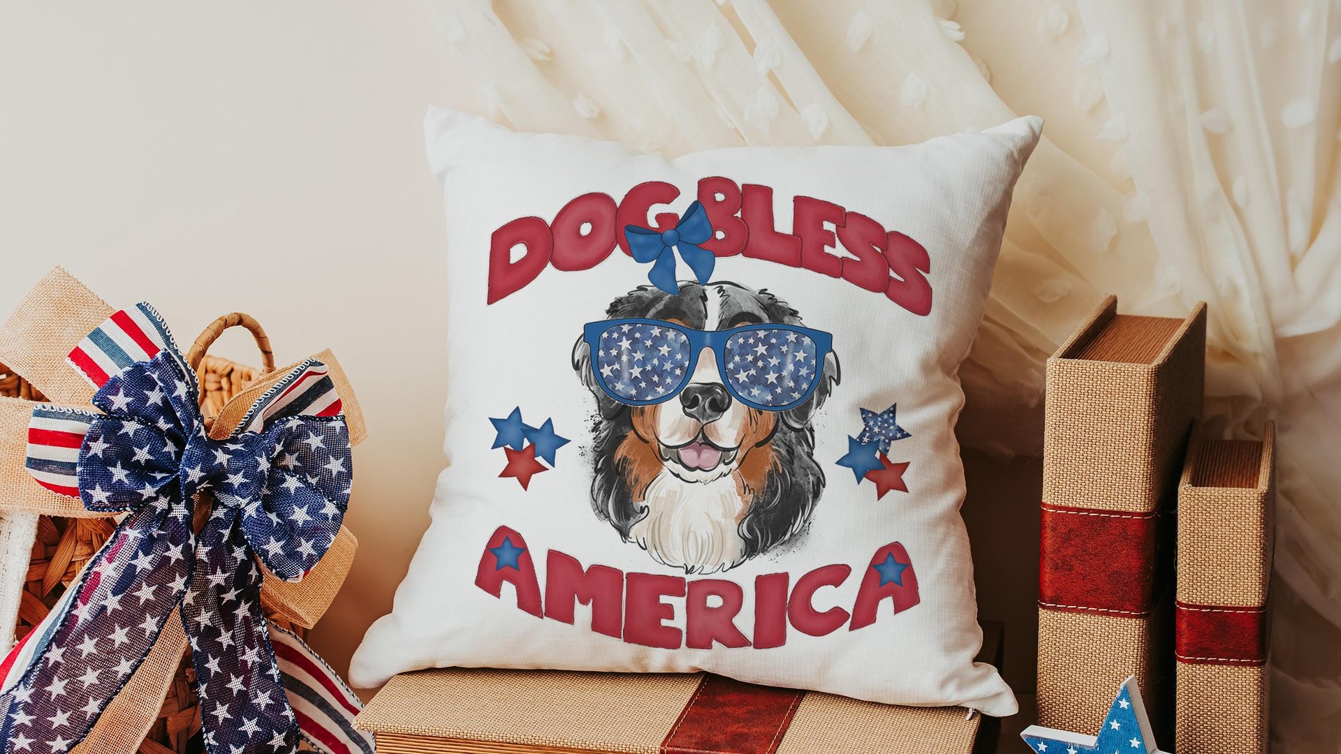 dog bless America 4th of July throw pillows for guest room, red white and blue patriotic dog gift for owner, Bernese mountain dog decor for