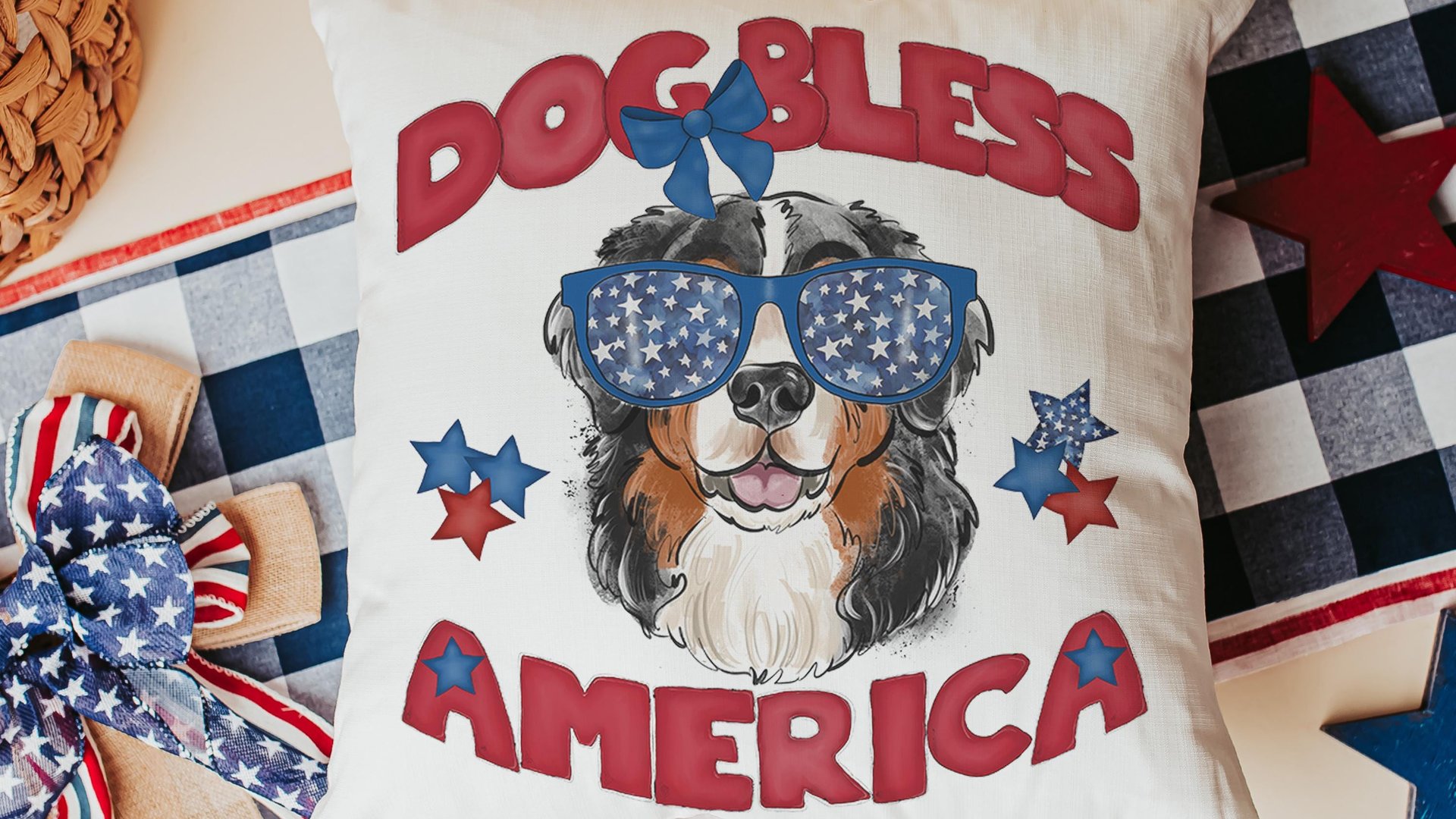 dog bless America 4th of July throw pillows for guest room, red white and blue patriotic dog gift for owner, Bernese mountain dog decor for