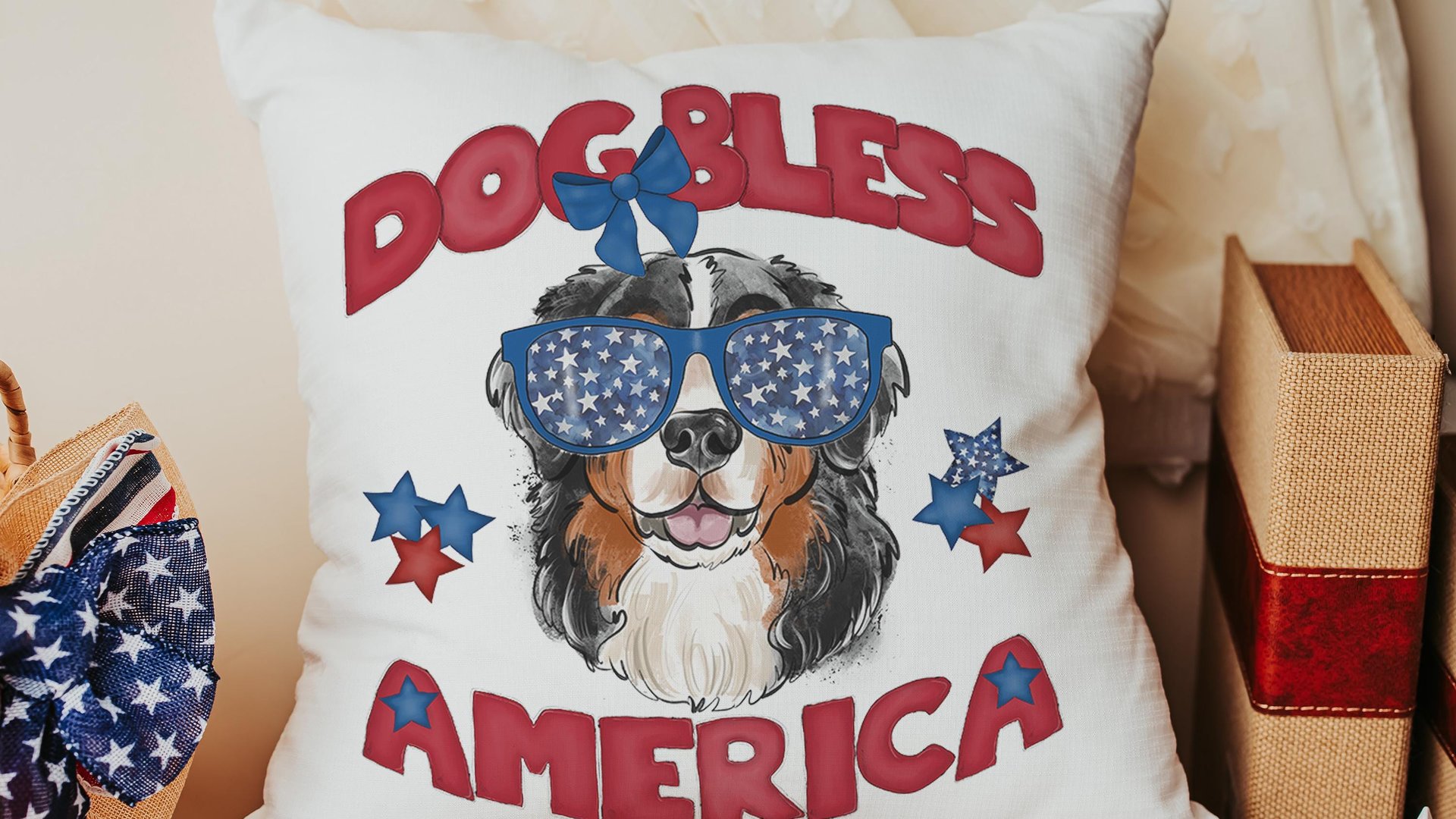 dog bless America 4th of July throw pillows for guest room, red white and blue patriotic dog gift for owner, Bernese mountain dog decor for