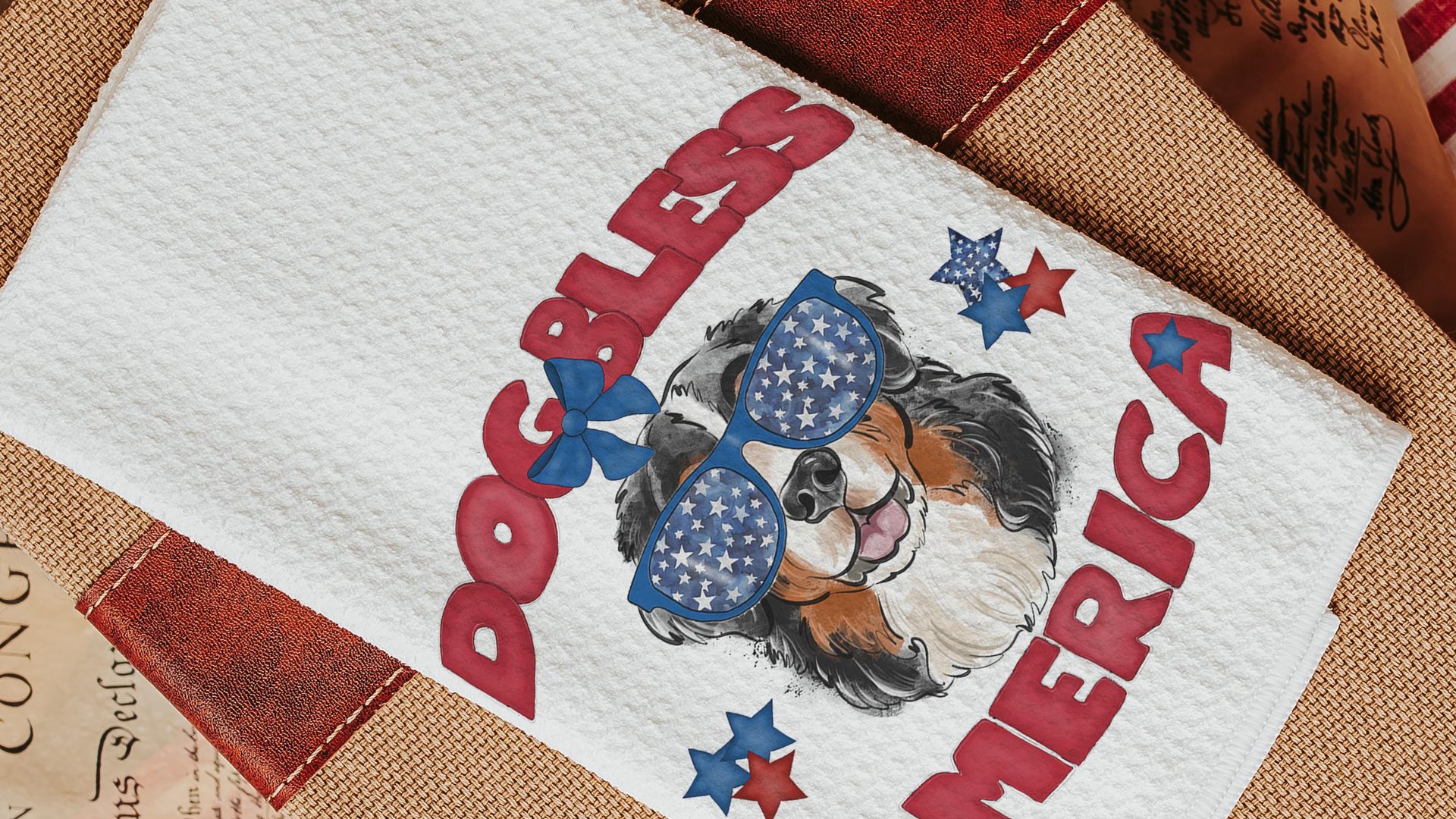 dog bless America 4th of July kitchen towel for bbq, red white and blue patriotic dog hand towel for gifting, Bernese mountain dog gift