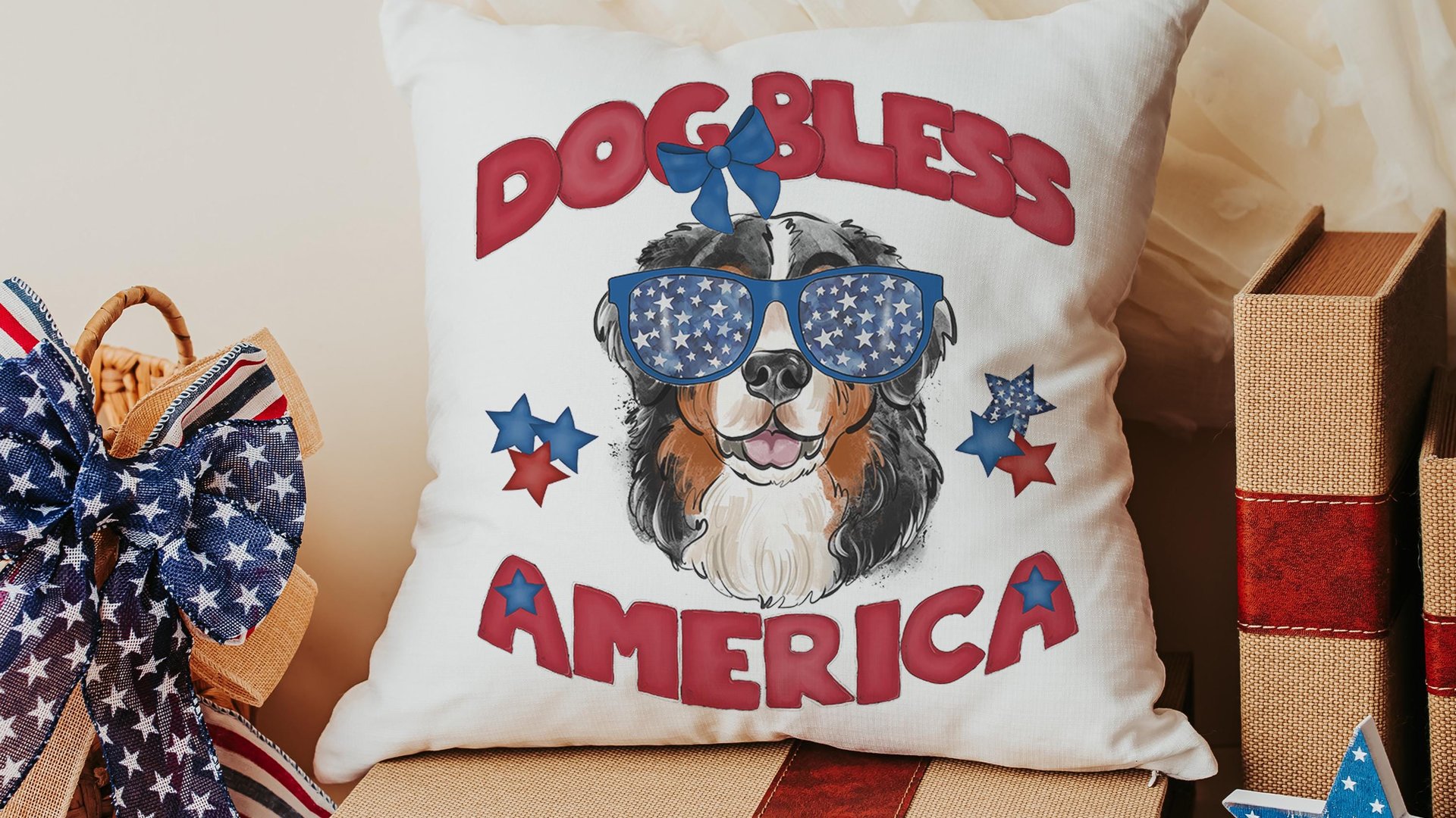 dog bless America 4th of July kitchen towel for bbq, red white and blue patriotic dog hand towel for gifting, Bernese mountain dog gift