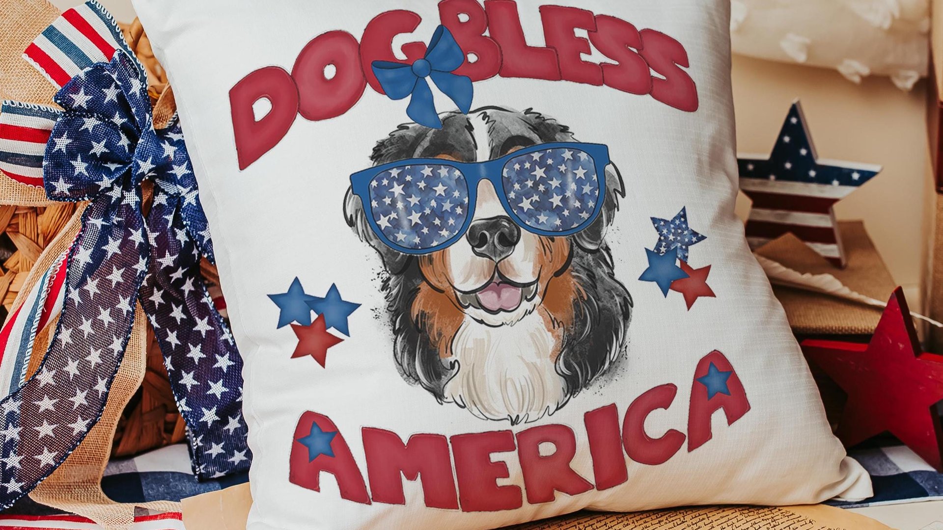 dog bless America 4th of July throw pillows for guest room, red white and blue patriotic dog gift for owner, Bernese mountain dog decor for