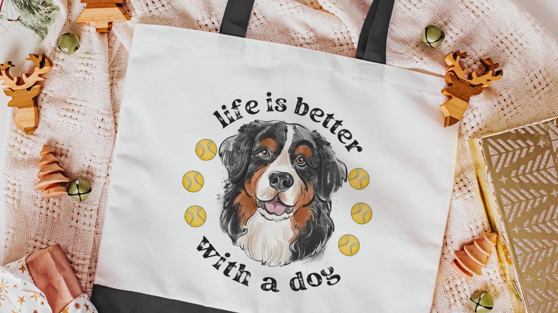 life is better with a dog tote bags for her, best gifts for dog lovers, tennis bags for women, unique dog mom gifts, Bernese mountain dog