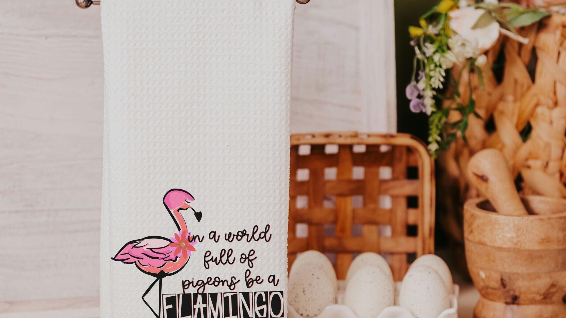in a world full of pigeons be a flamingo kitchen towels for friends, flamingo Christmas gifts for beach lovers, secret Santa gifts for women