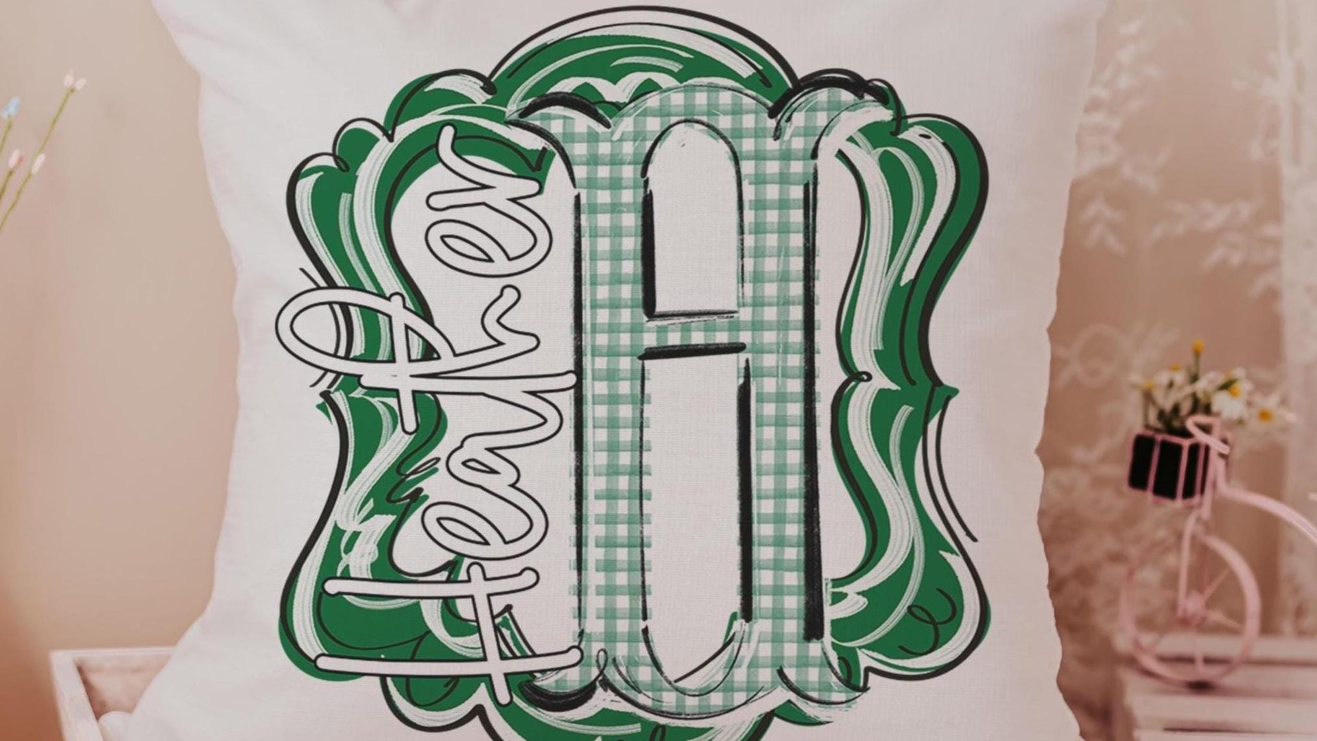 personalized initial throw pillow for couch green gingham decorative pillows for girls, Kelly green home decor gift dorm decor, name pillow