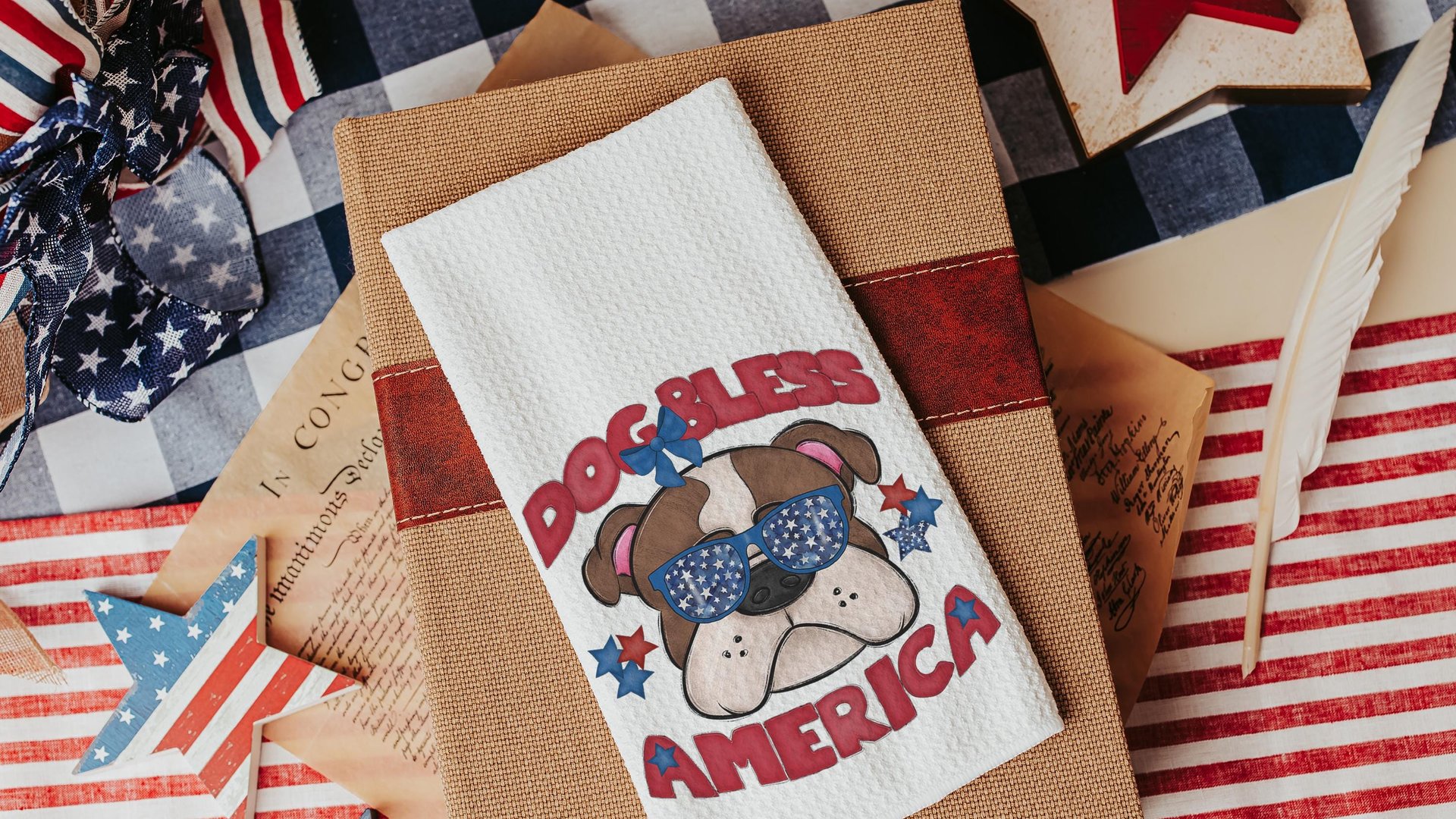 dog bless America 4th of July kitchen towel for bbq, red white and blue patriotic dog hand towel for gifting, bulldog dog gift