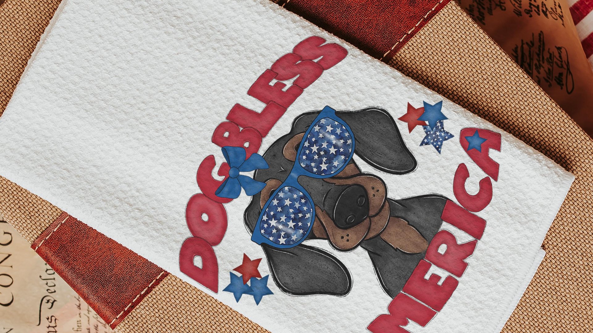 dog bless America dachshund kitchen towels for dog lovers, red white and blue patriotic dog gift for owners, wiener dog hand towels for