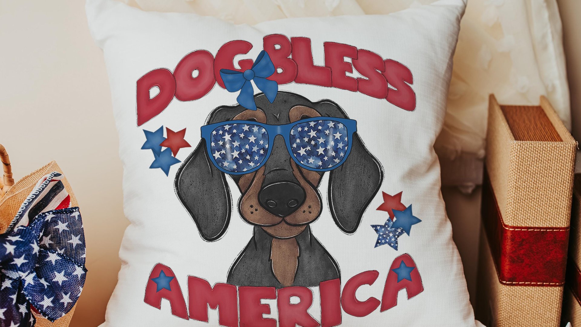 dog bless America dachshund kitchen towels for dog lovers, red white and blue patriotic dog gift for owners, wiener dog hand towels for