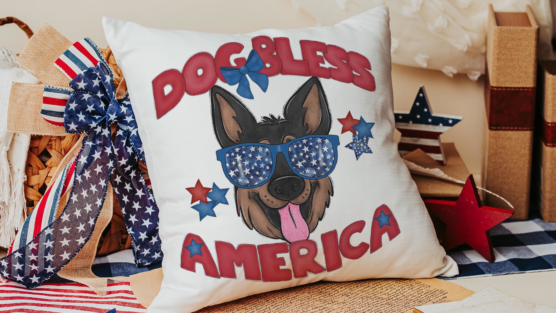 dog bless America 4th of July kitchen towel for bbq, red white and blue patriotic dog hand towel for gifting, German Shepherd dog gift