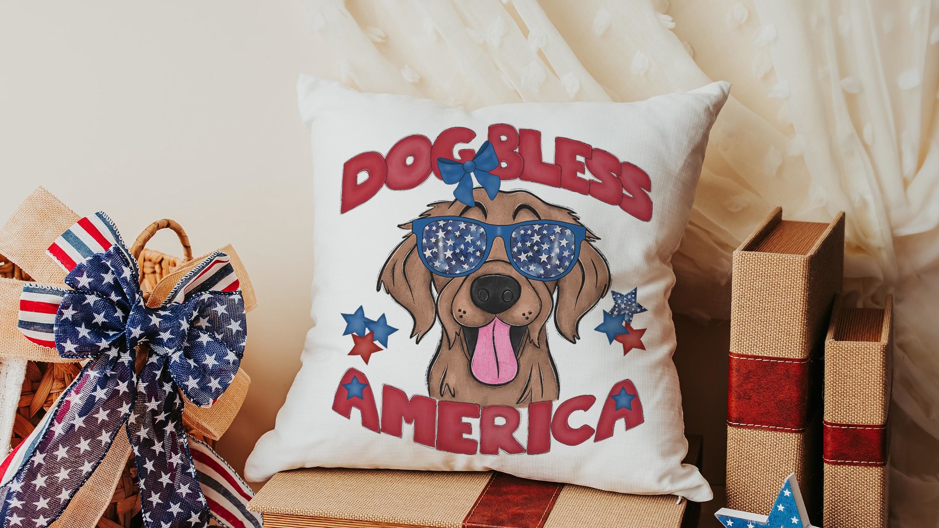 dog bless America 4th of July kitchen towel for bbq, red white and blue patriotic dog hand towel for gifting, Golden Retriever dog gift